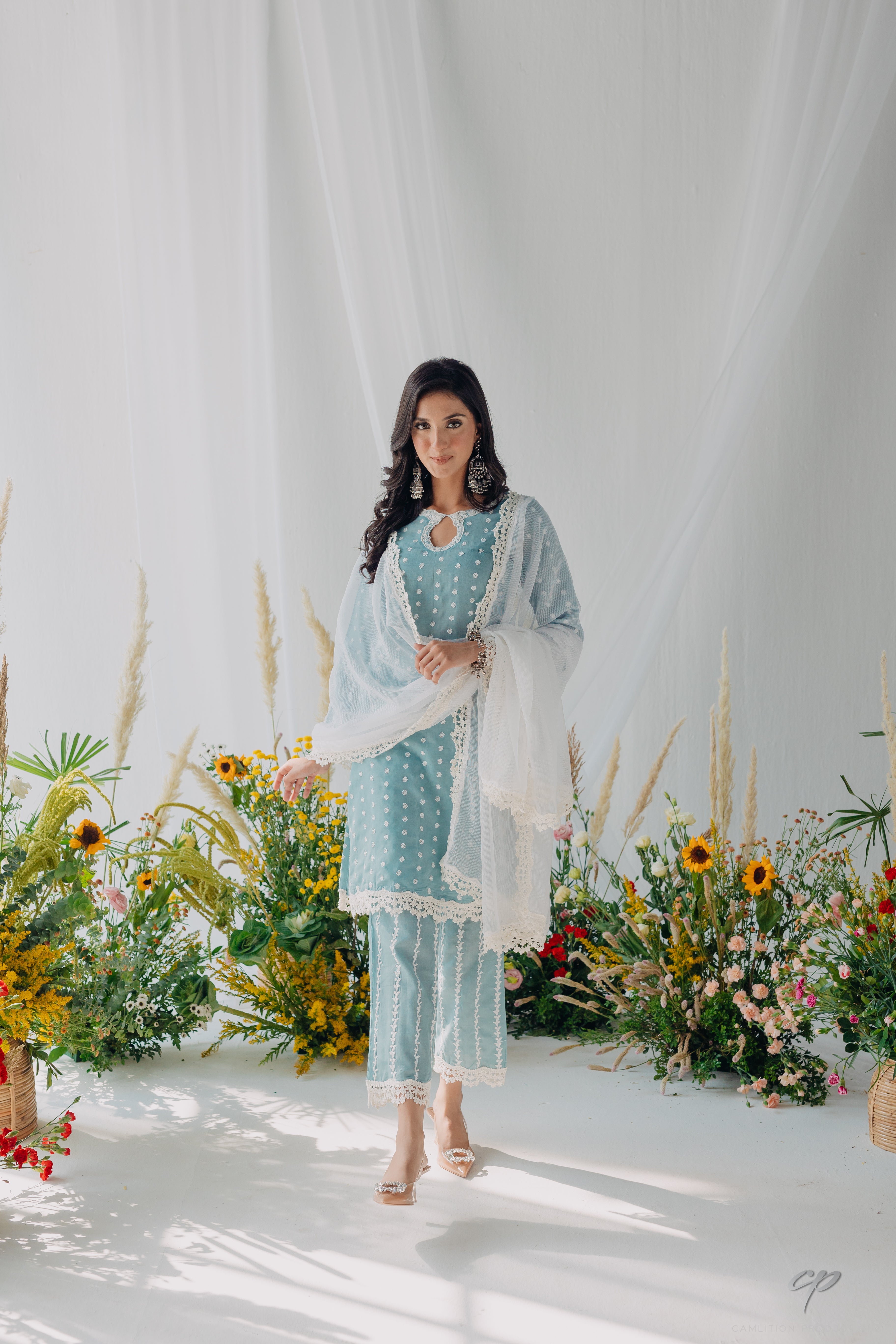 Seher Blue Embroidered Mulmul Kurta, Pant & Dupatta Set