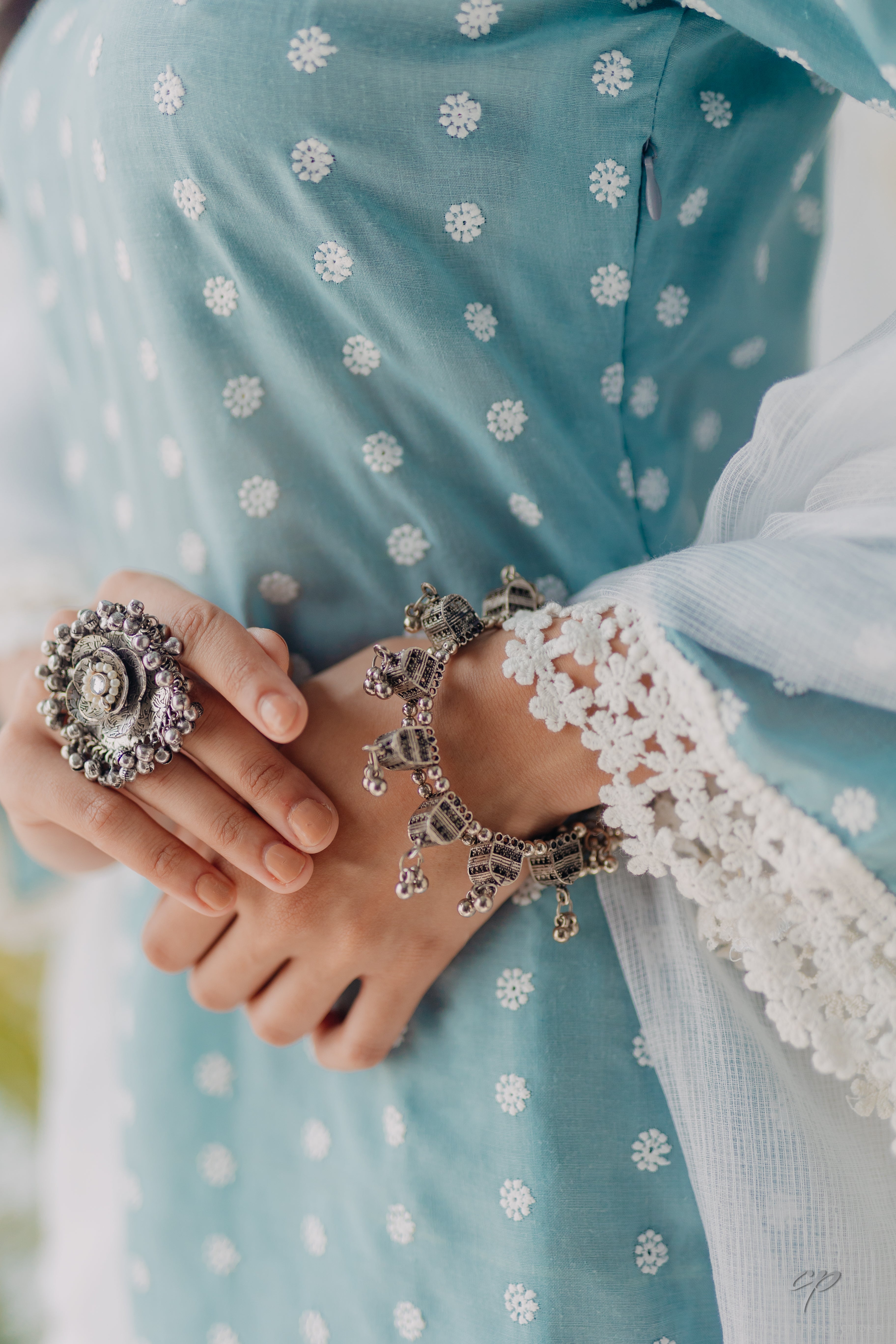 Seher Blue Embroidered Mulmul Kurta & Pant Set