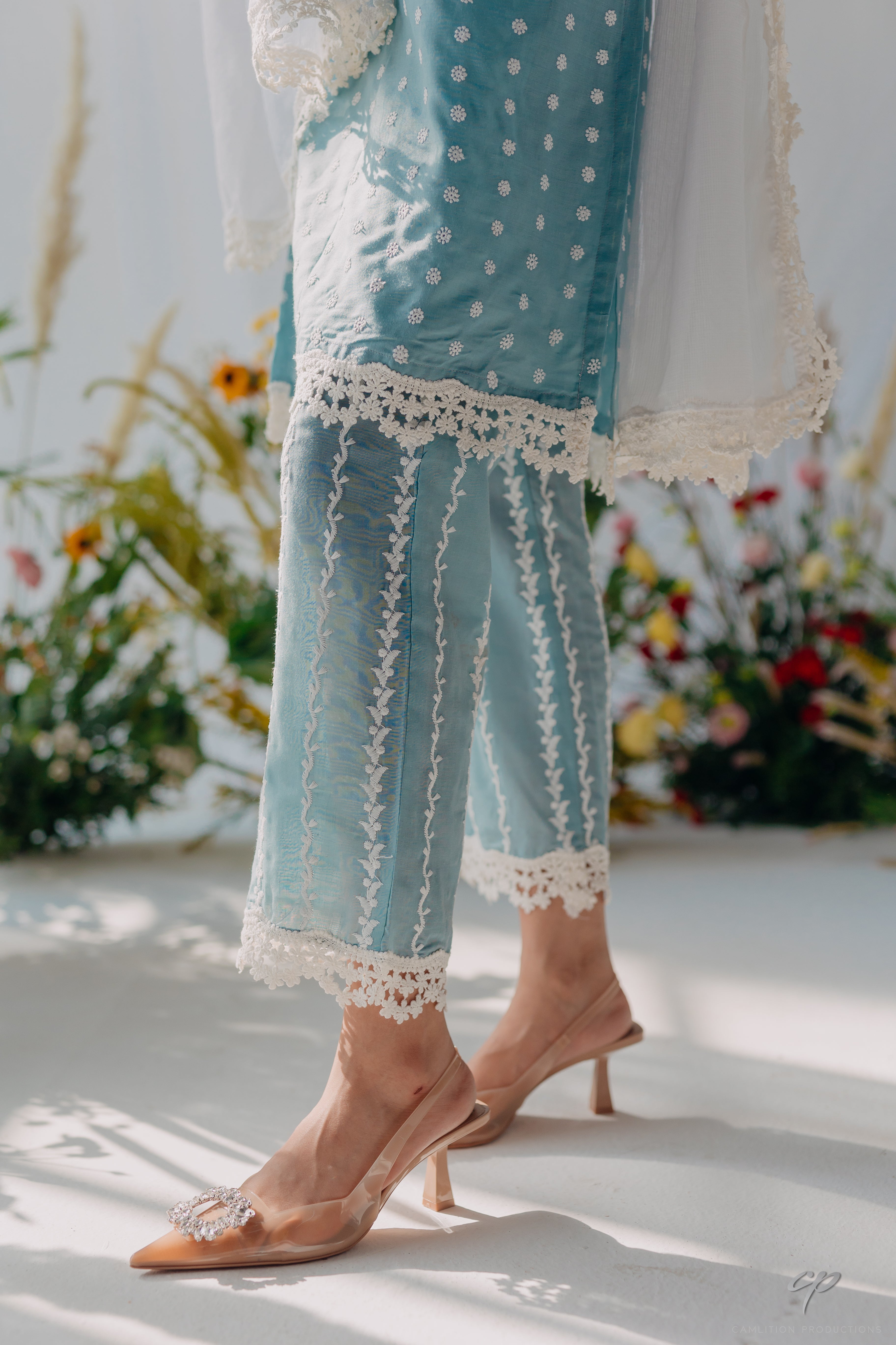 Seher Blue Embroidered Mulmul Kurta & Pant Set