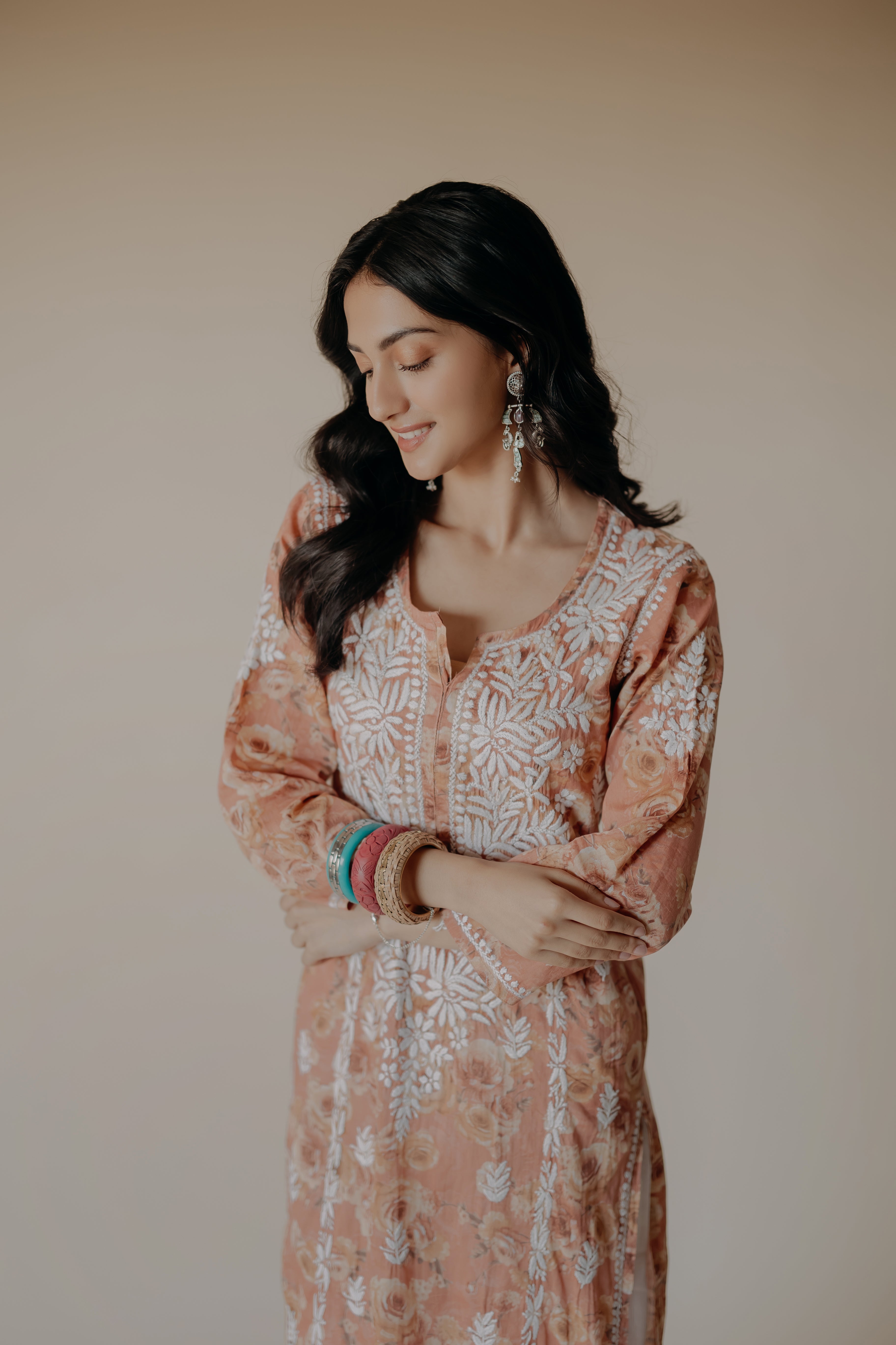 Lana Peach Mulmul Chikankari Printed Kurta
