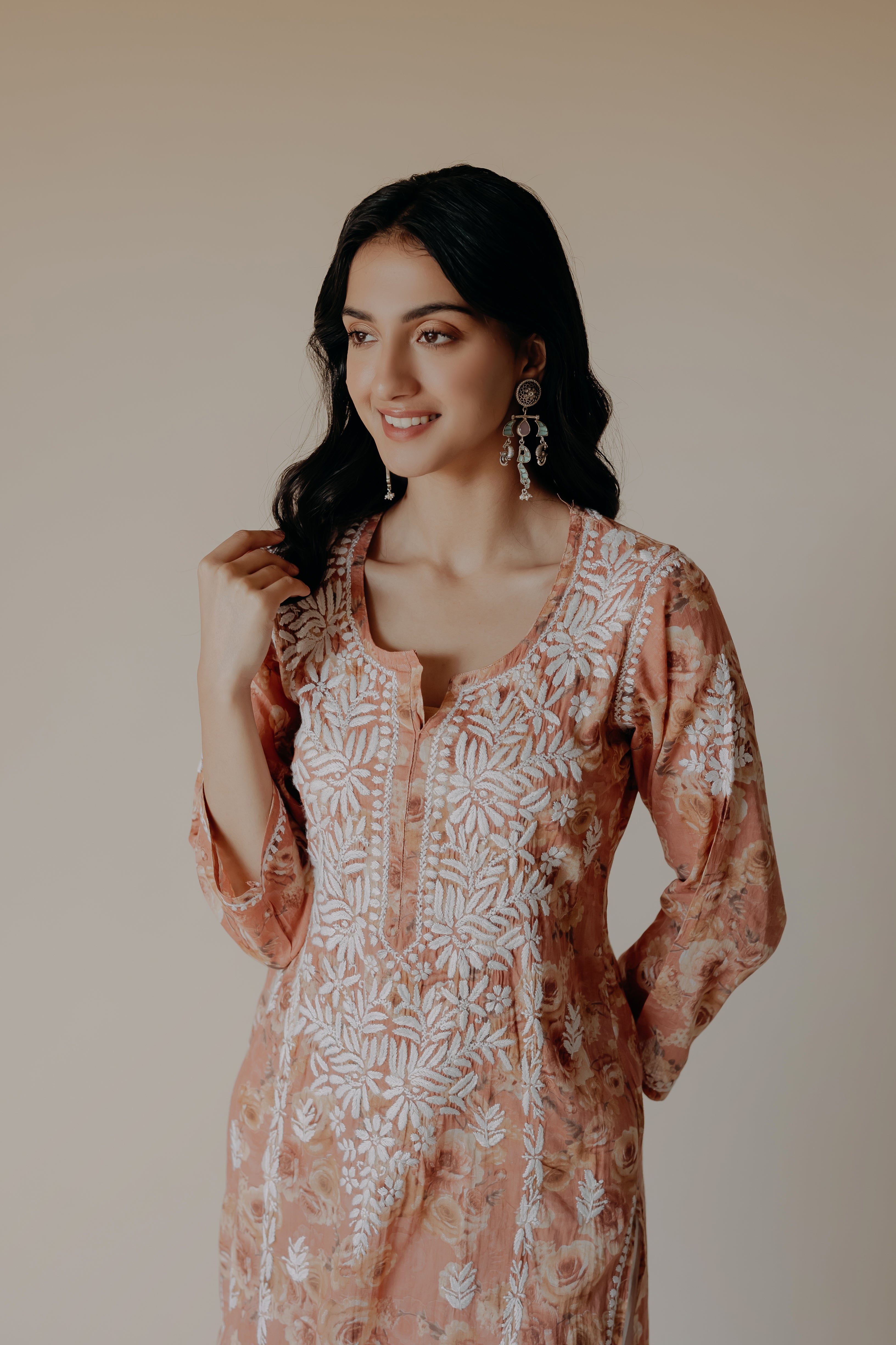 Lana Peach Mulmul Chikankari Printed Kurta