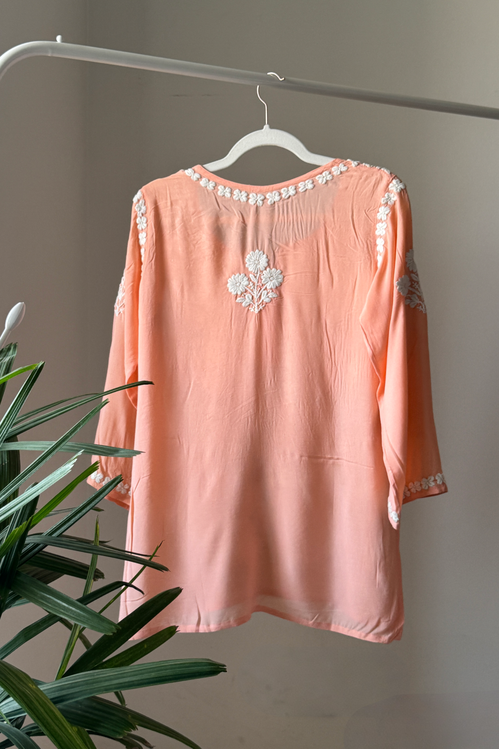 Fareedan Peach Modal Hand Embroidered Short Chikankari Kurti