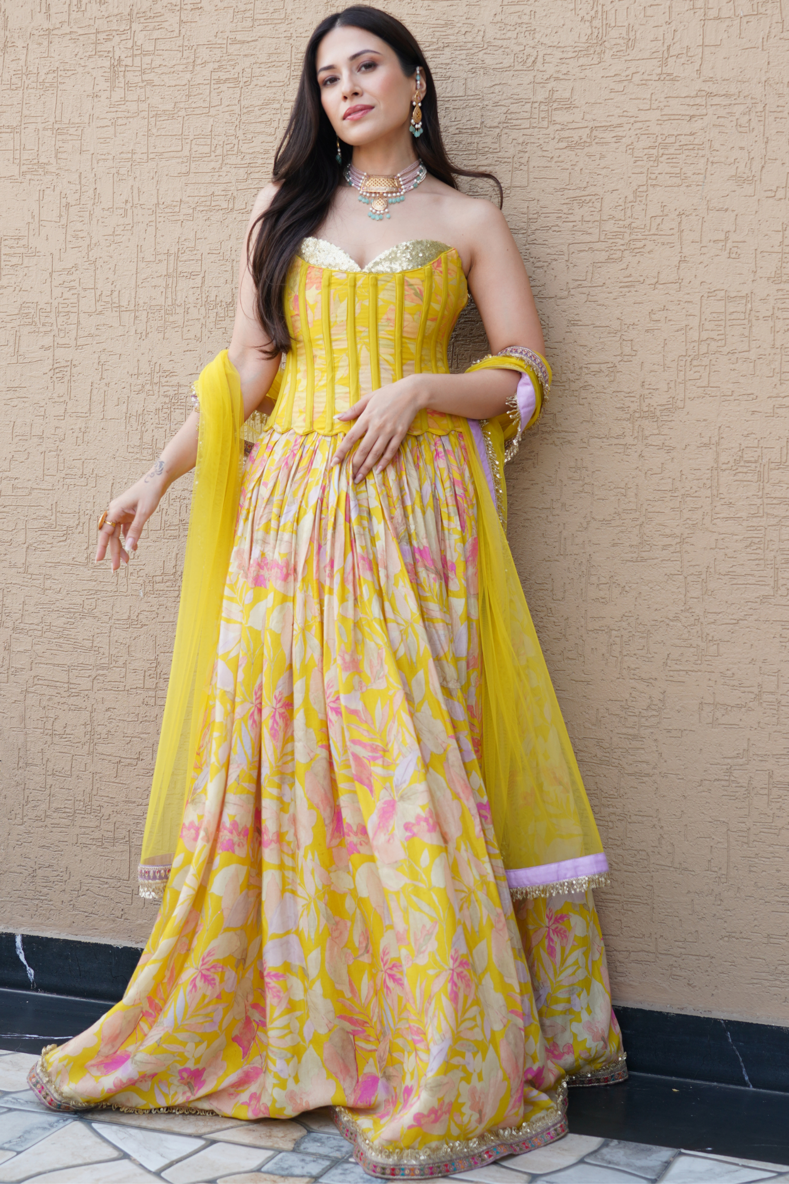 Anaya Yellow Sequinned Corset Muslin Lehenga Set