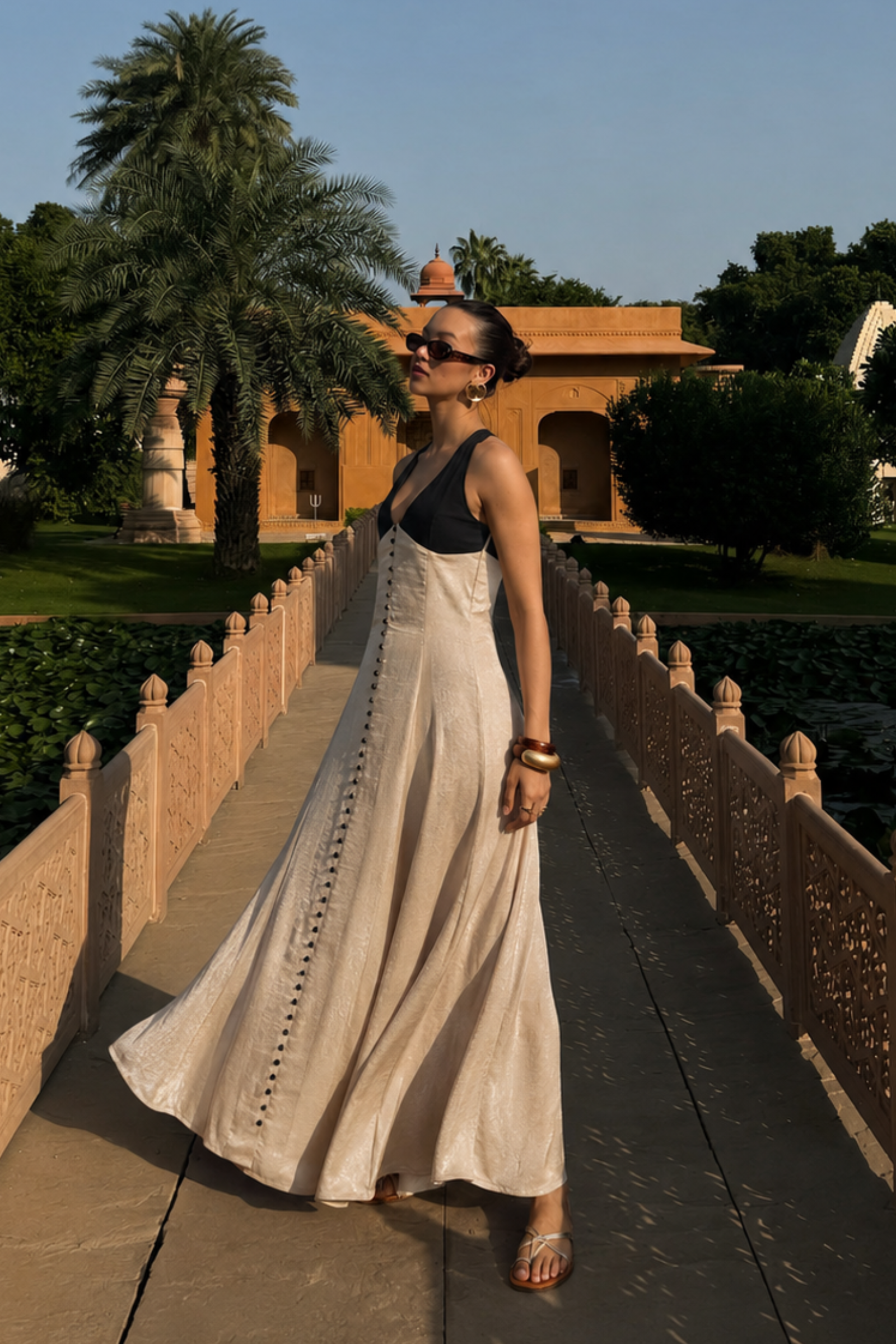 Cairo beige & black contrast satin maxi dress