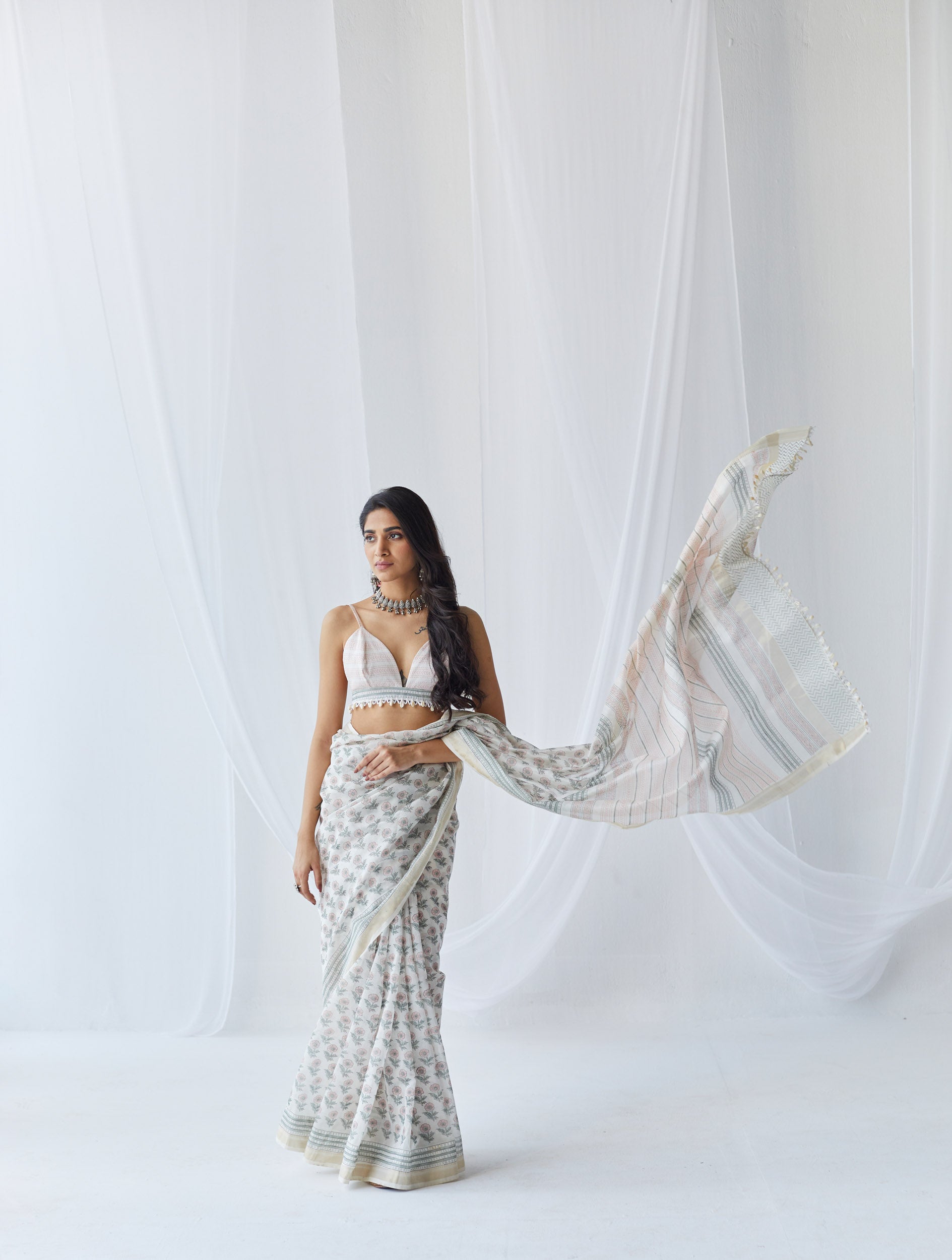 Nazma White Printed Chanderi Silk Saree