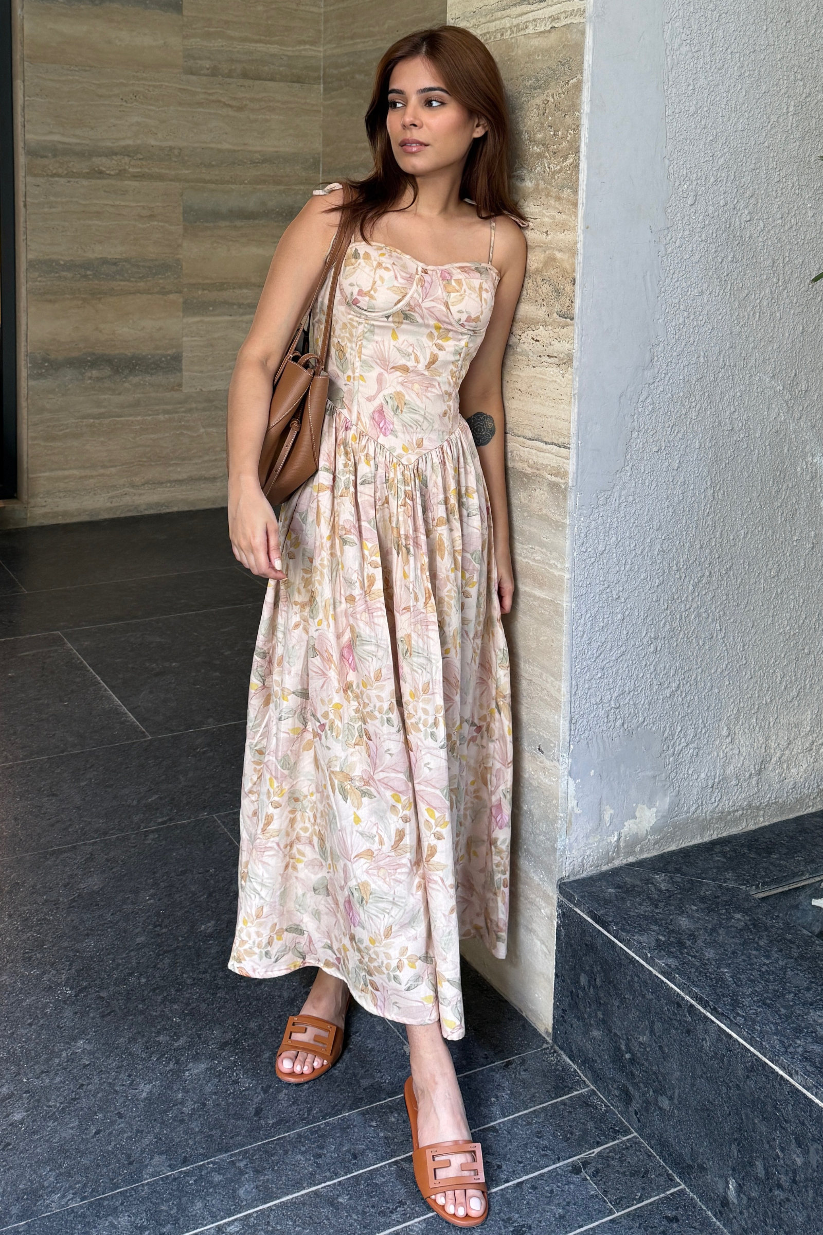 Demi Cream Floral Corset Midi Dress