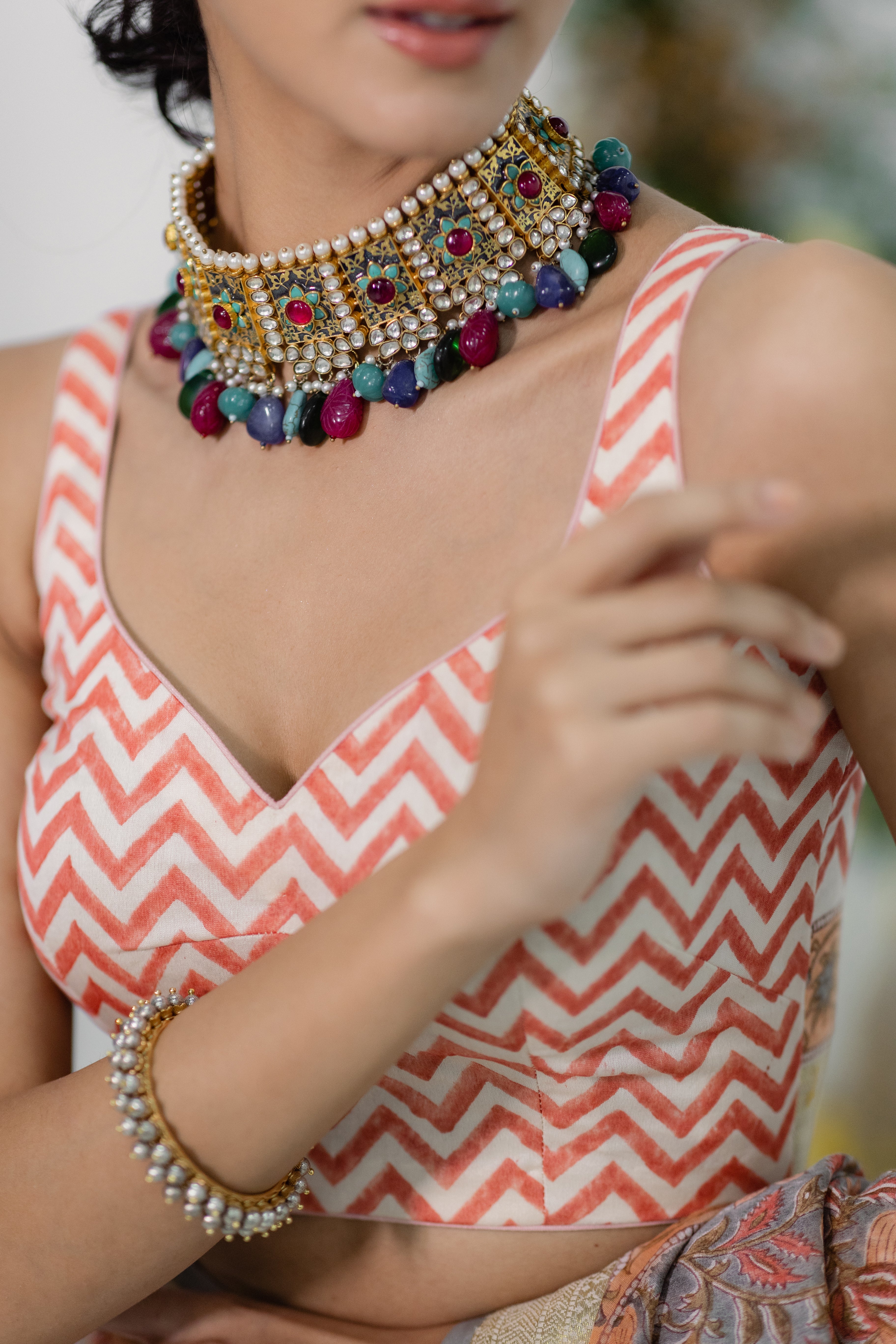 Gulaab Peach & Grey Printed Chanderi Silk Saree