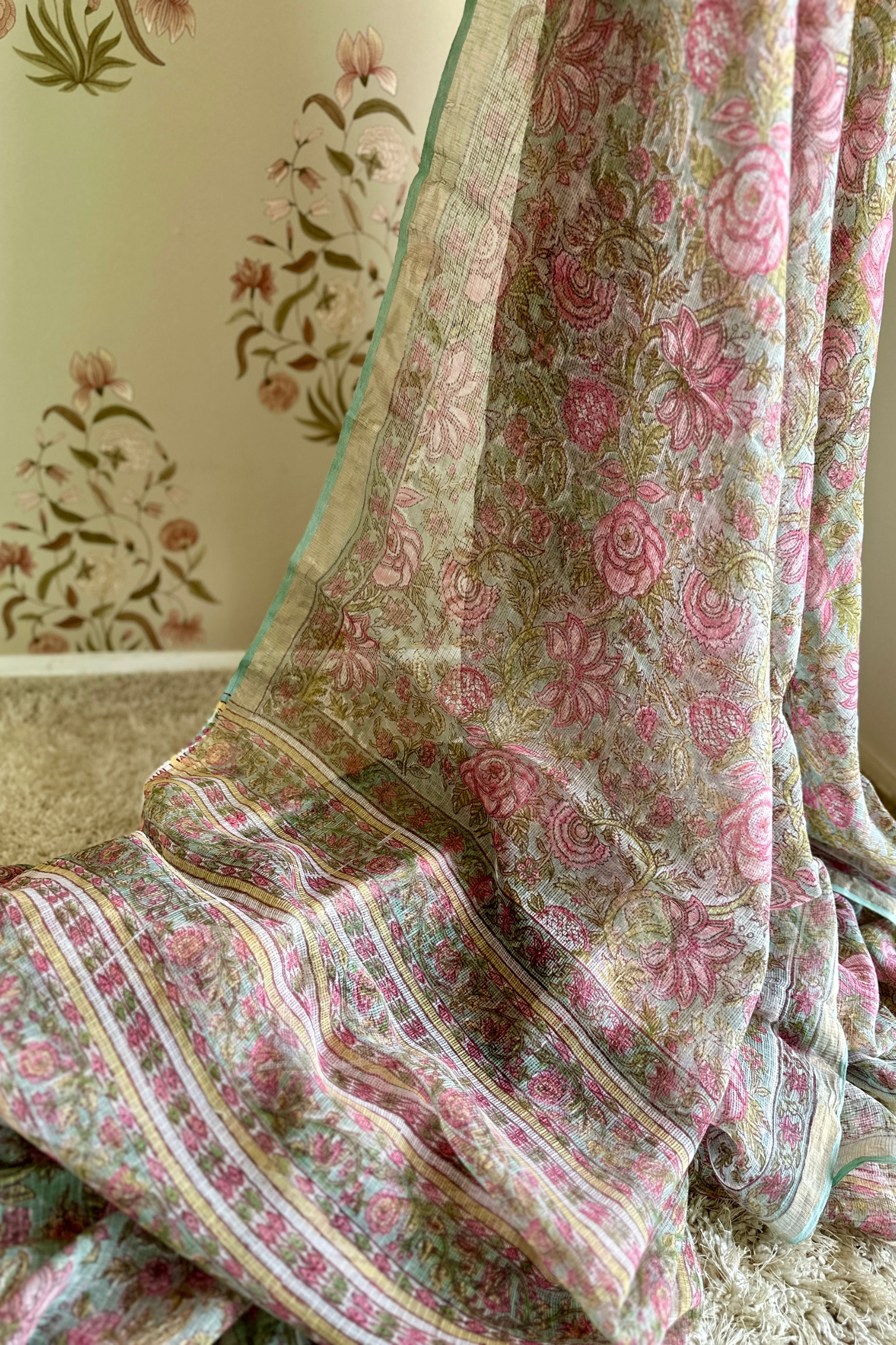 Niamh Green & Pink Printed Kota Doria Saree