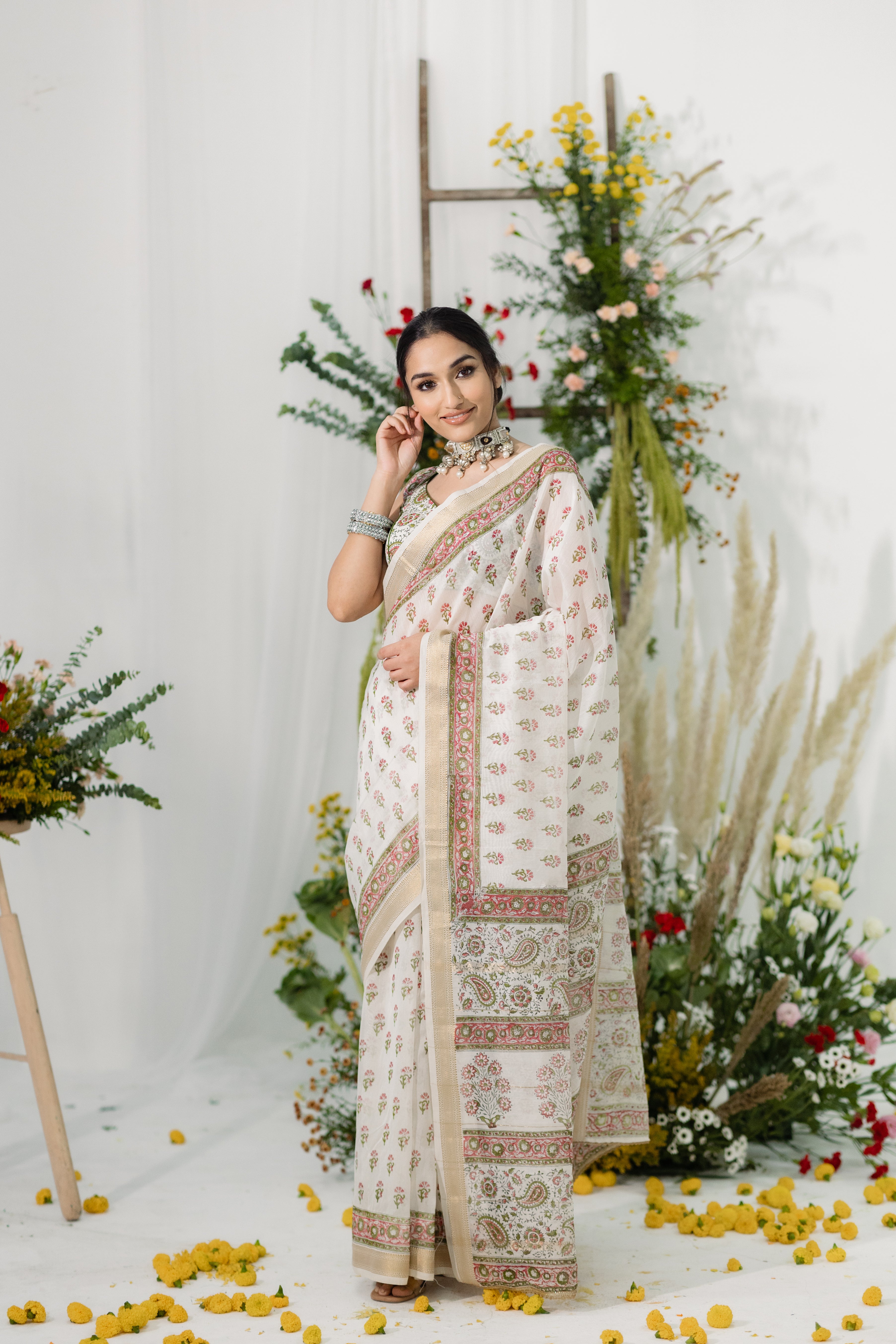 Gulbahaar White Printed Chanderi Silk Saree