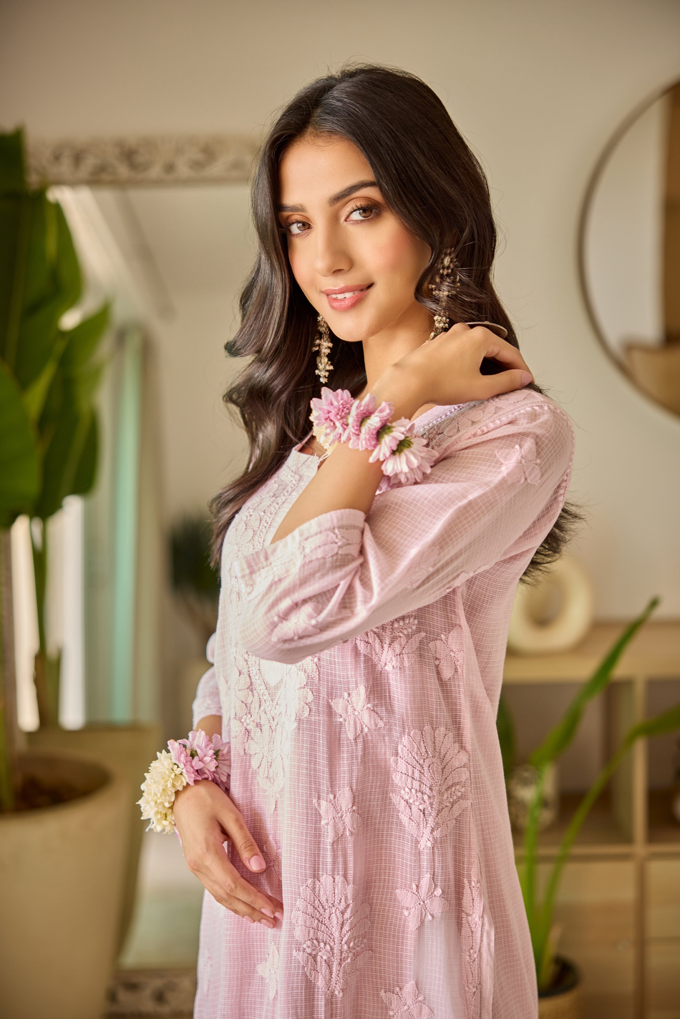 Jayanti Pink Kota Hand Embroidered Chikankari Kurta with Slip
