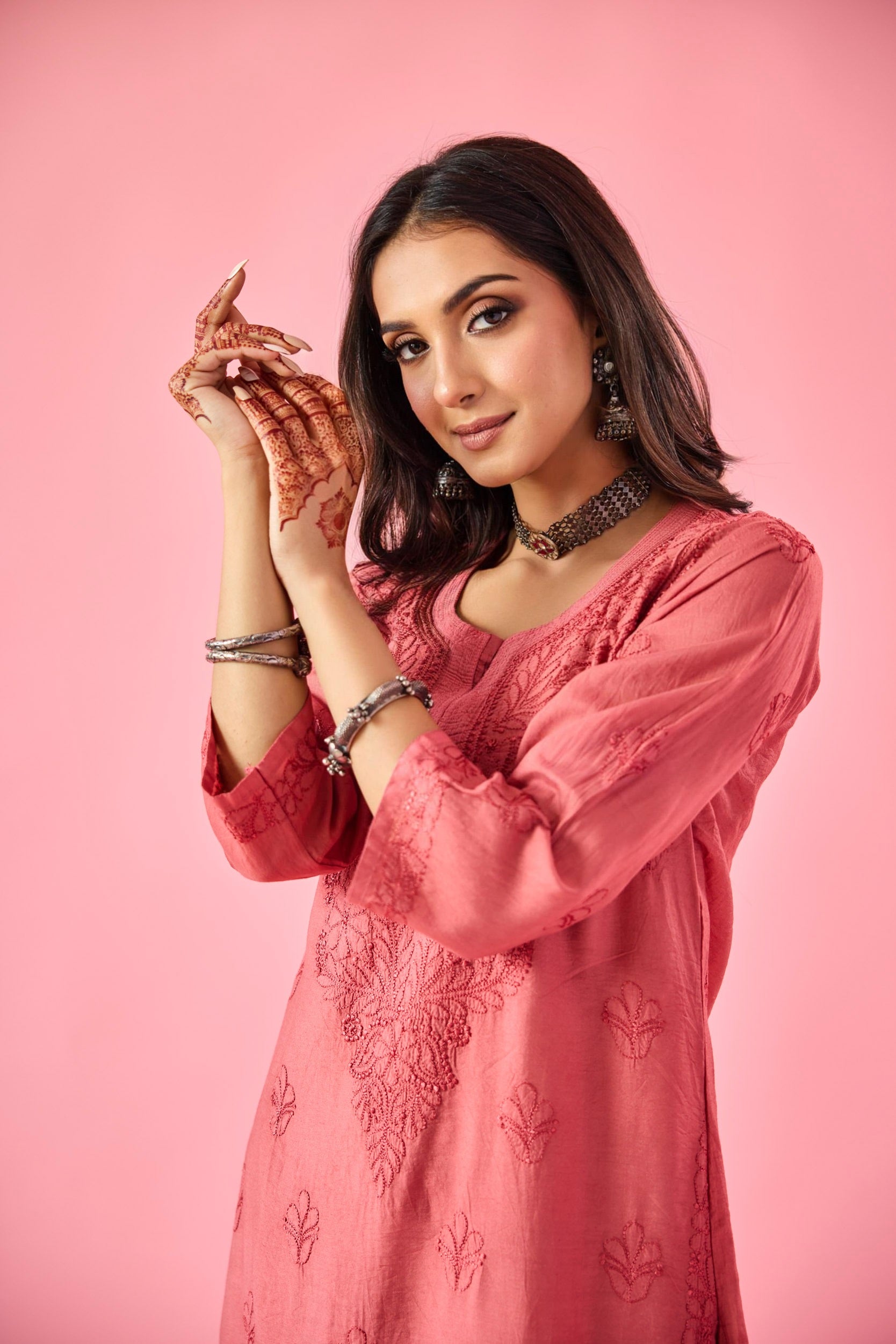 Macaba Rust Chanderi Hand Embroidered Chikankari Kurta & Pant Set