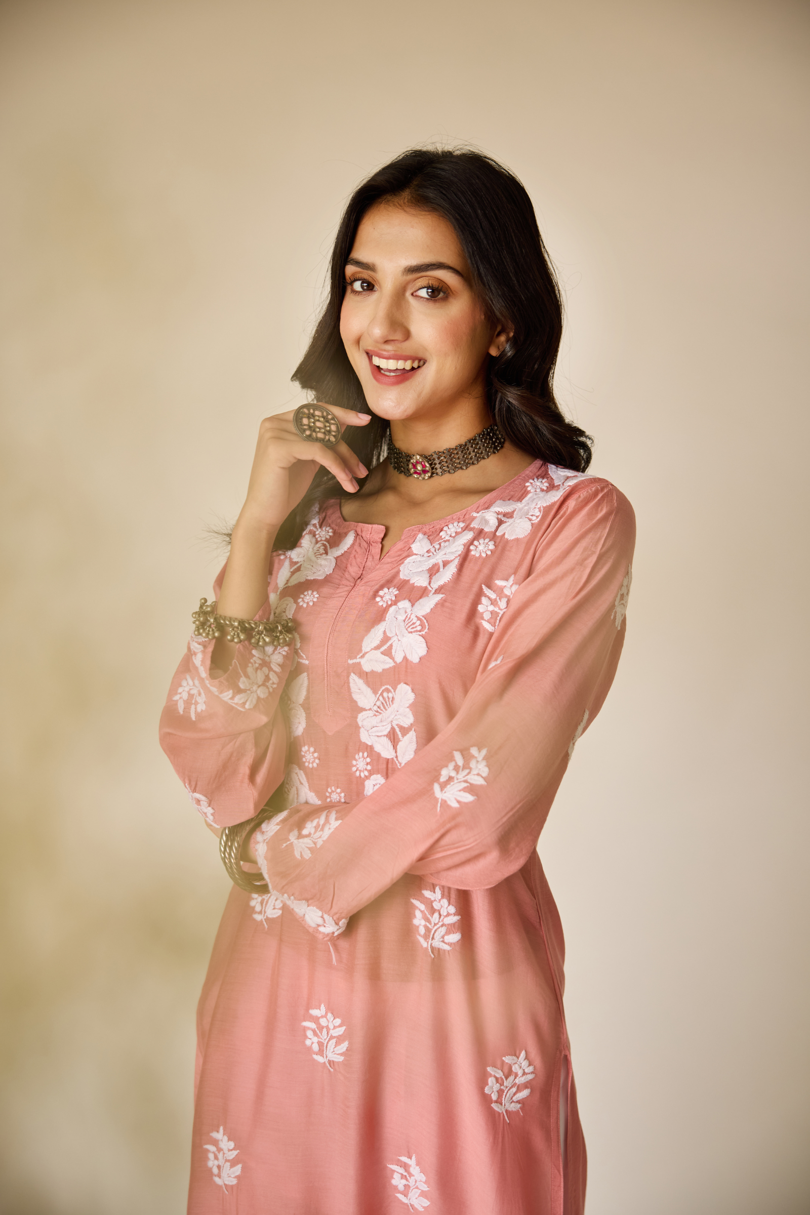 Sumaiya Rust Pink Muslin Hand Embroidered Chikankari Kurta