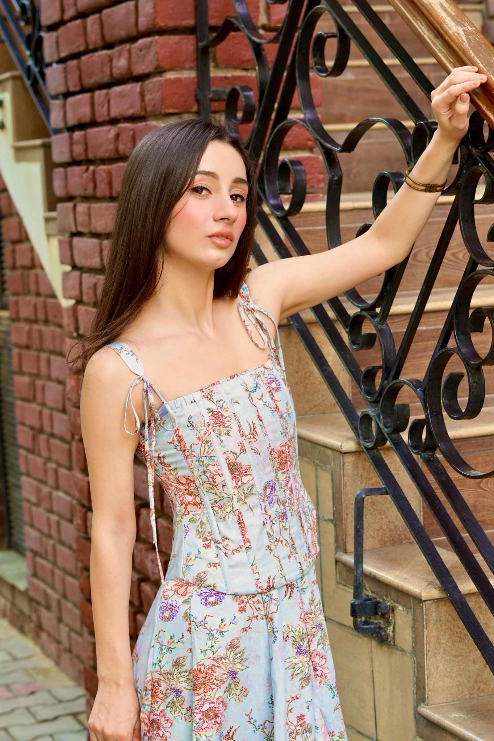 Emily Blue Floral Midi Dress with Corset Jacket