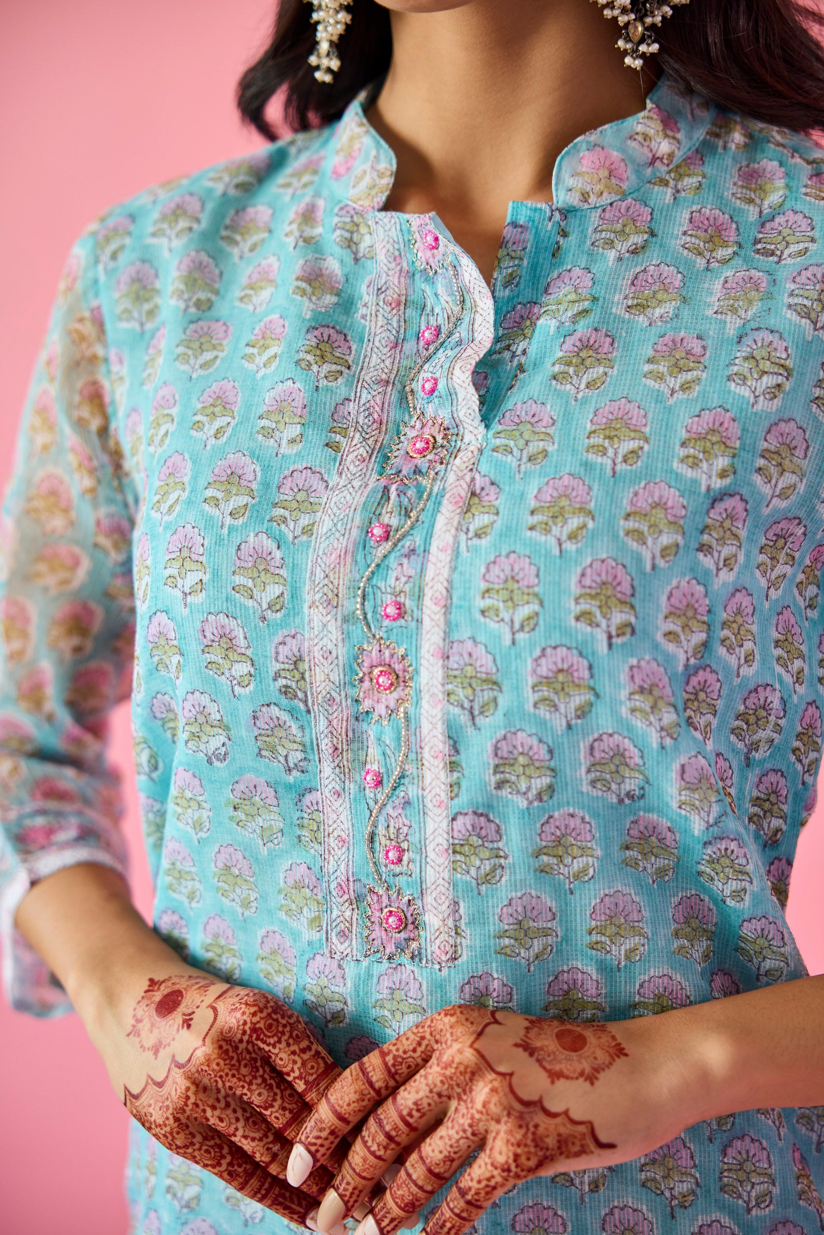 Qudsia Blue & Pink Kota Hand Embellished Kurta Set