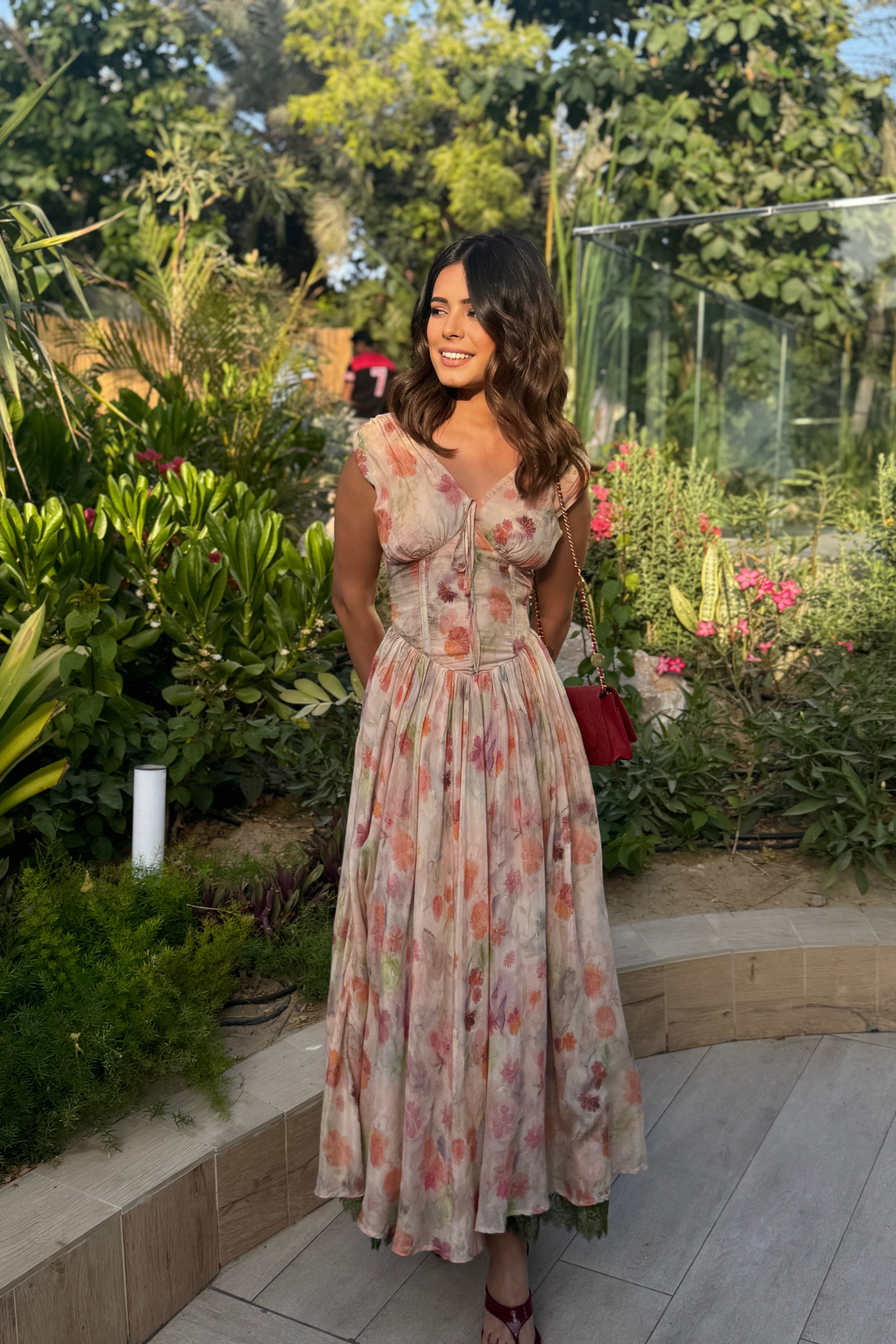 Alba Beige Muslin Floral Corset Midi Dress