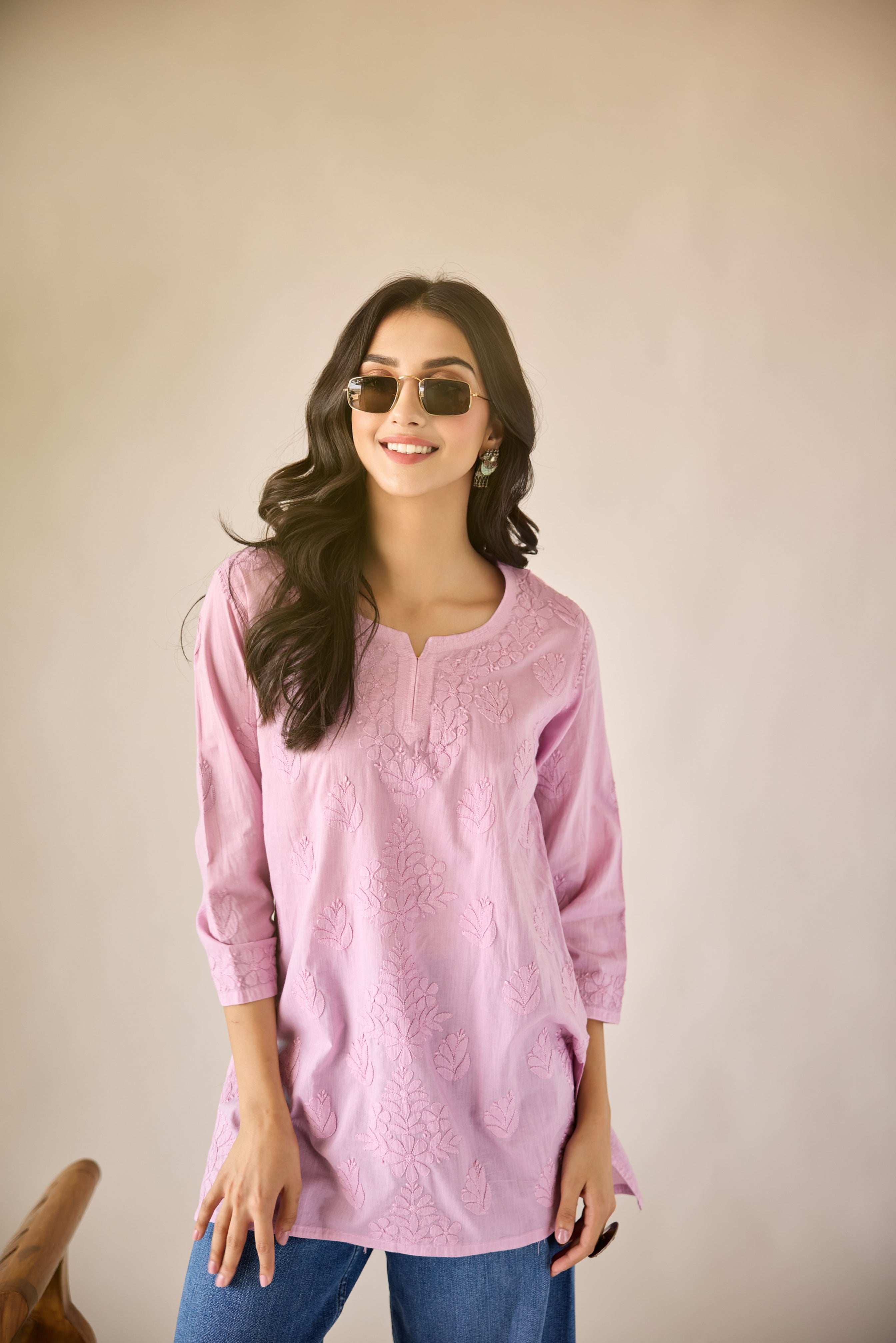 Sonam Lilac Cotton Hand Embroidered Short Chikankari Kurti