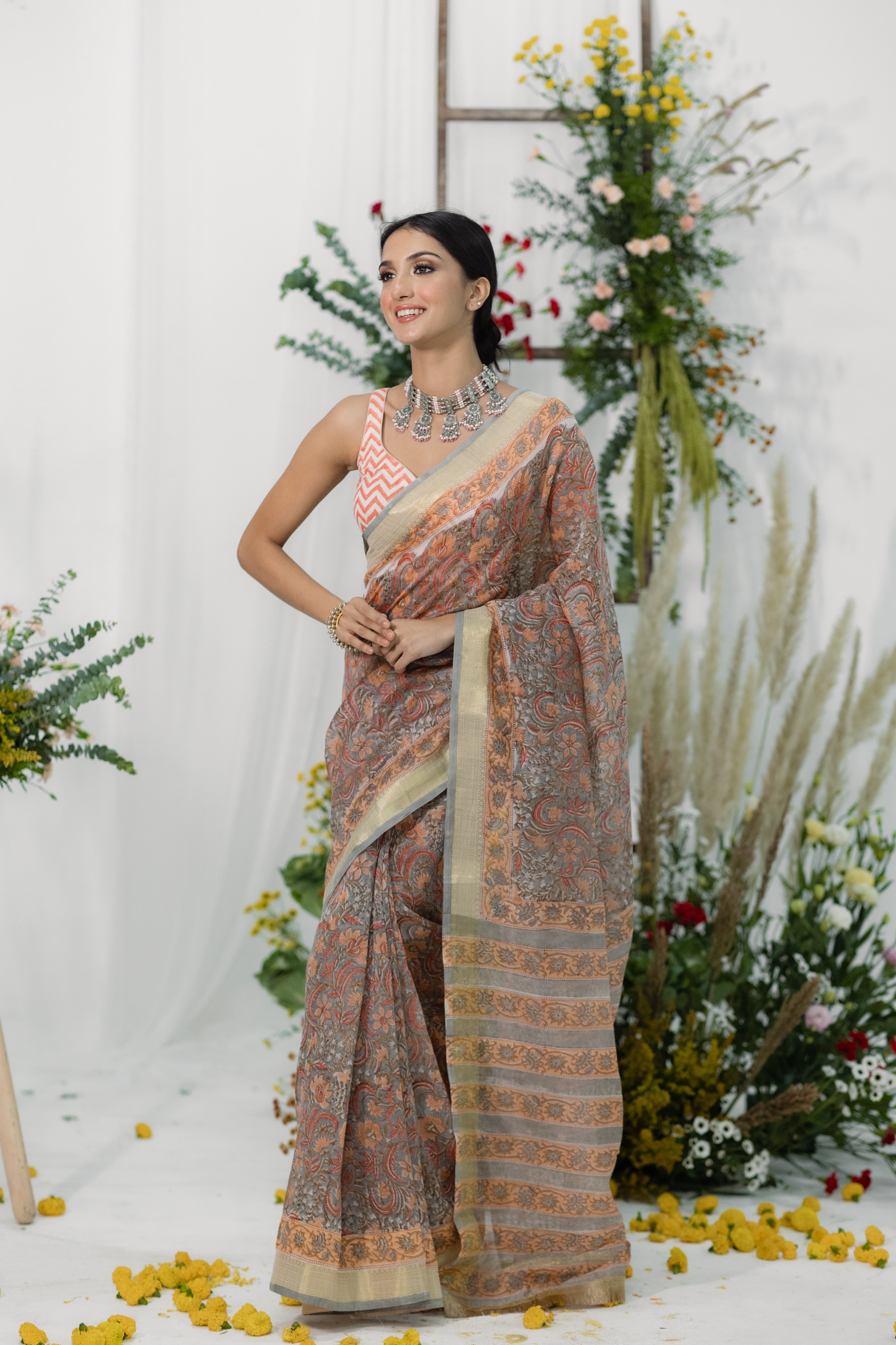 Gulaab Peach & Grey Printed Chanderi Silk Saree