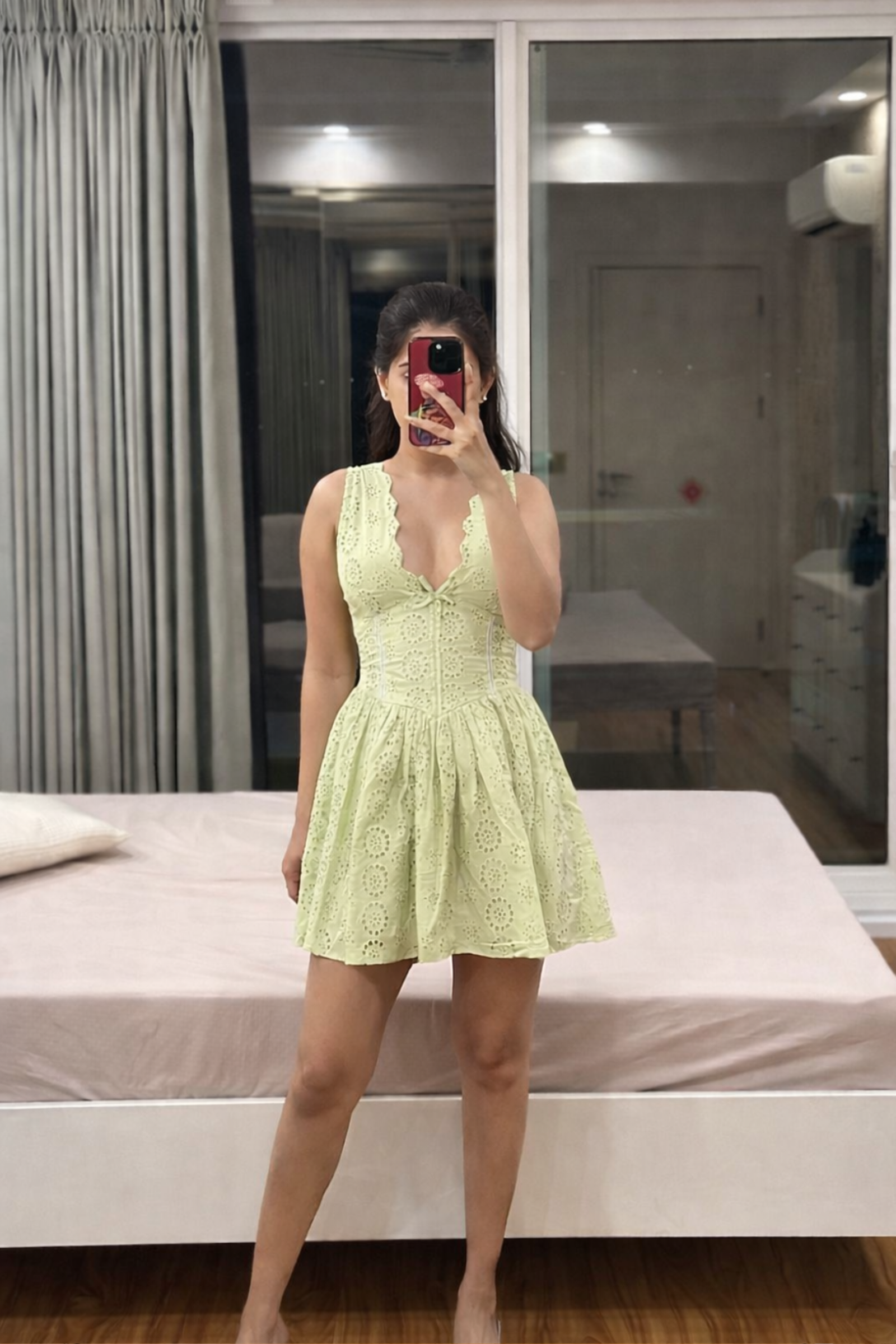 Kourtney Green Eyelet V-Neck Sleeveless Mini Dress