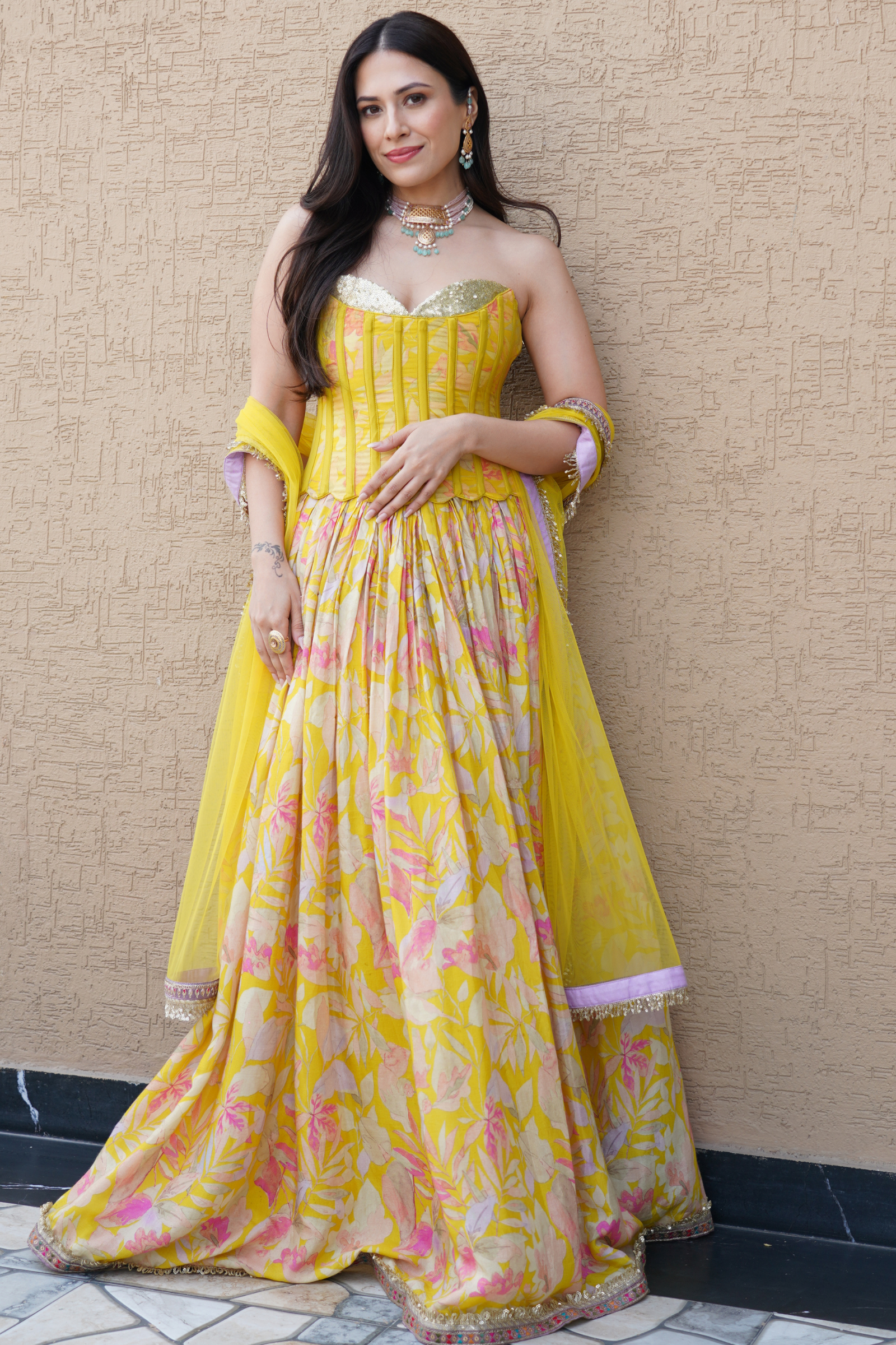 Anaya Yellow Sequinned Corset Muslin Lehenga Set