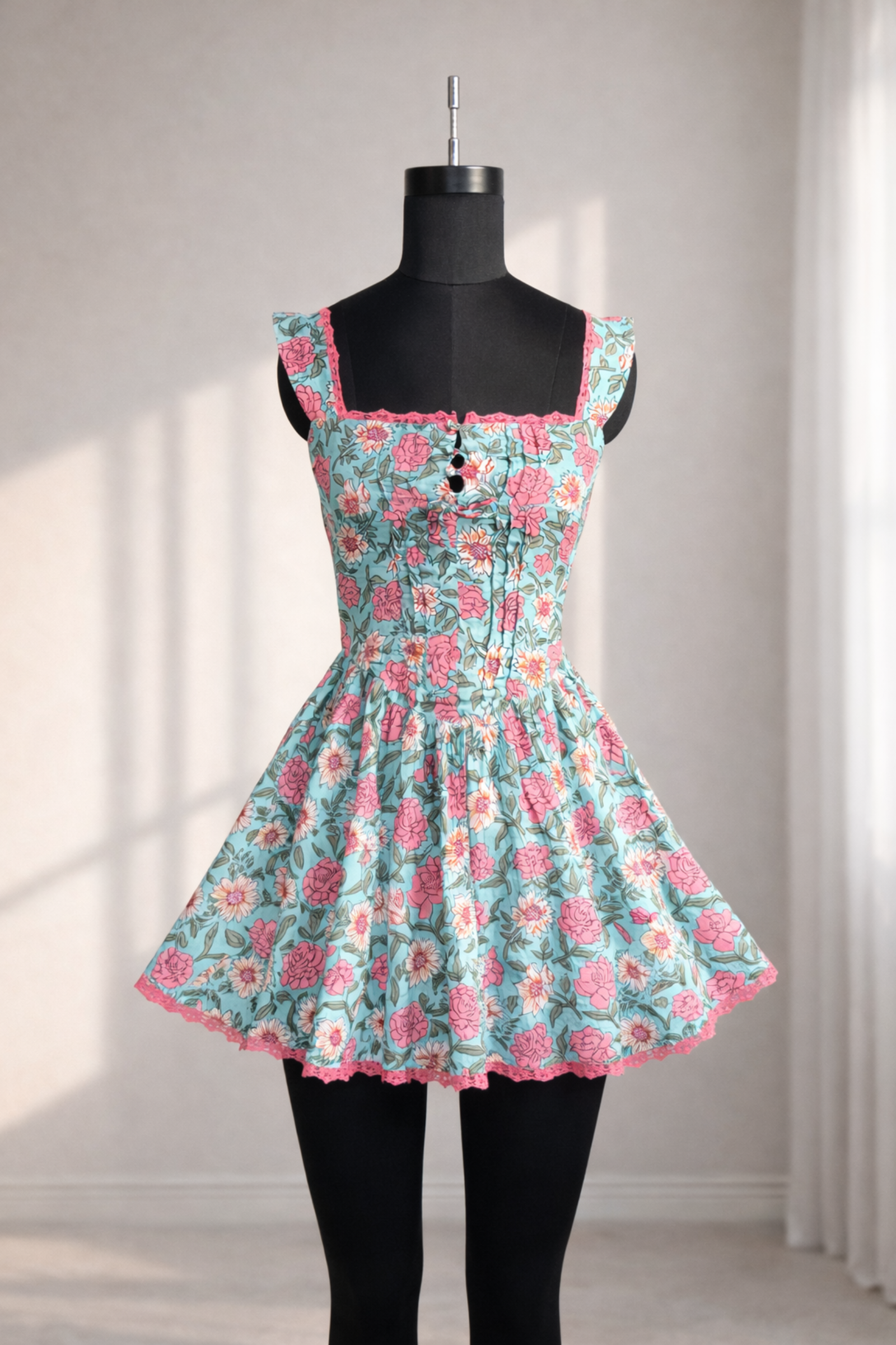 Kris Blue Printed Cotton Sleeveless Mini Dress