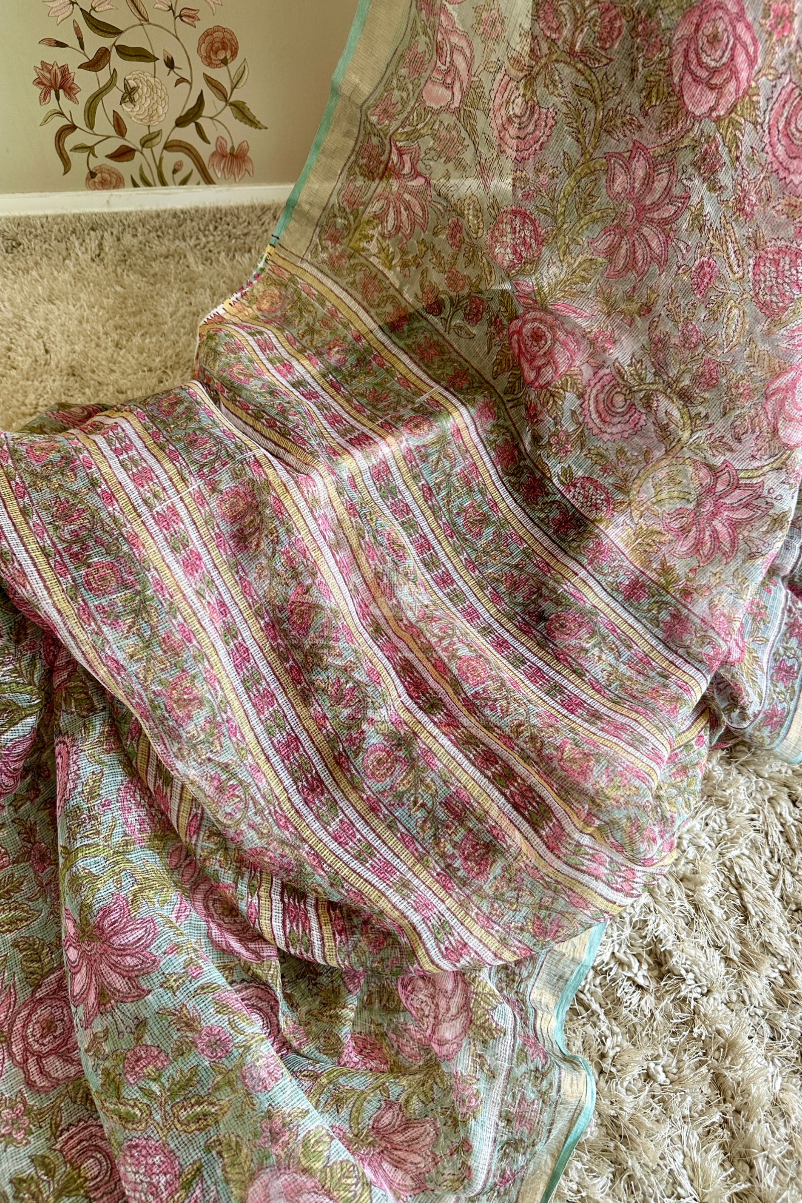 Niamh Green & Pink Printed Kota Doria Saree
