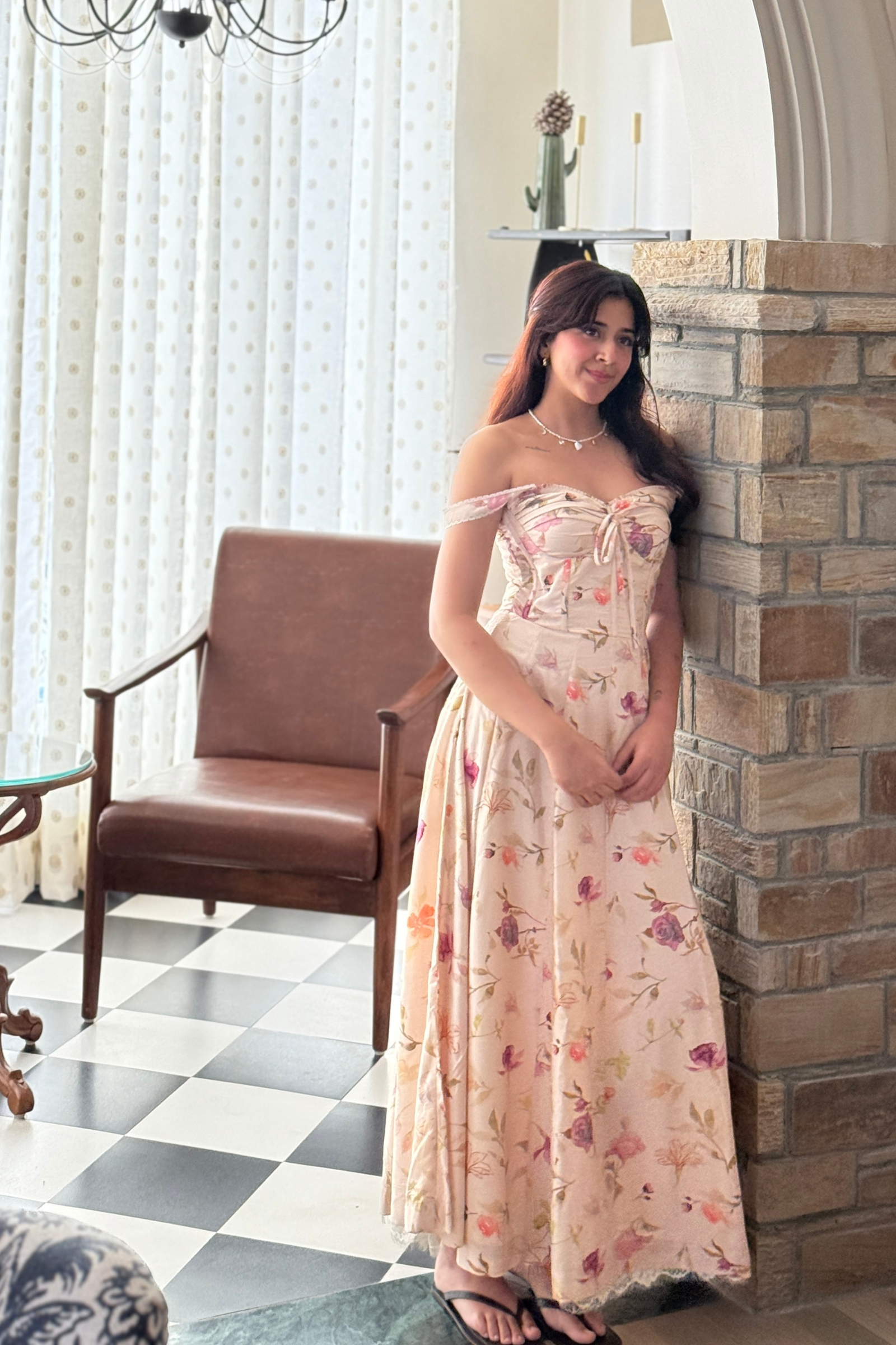 Poema Ivory Lacey Floral Midi Corset Dress