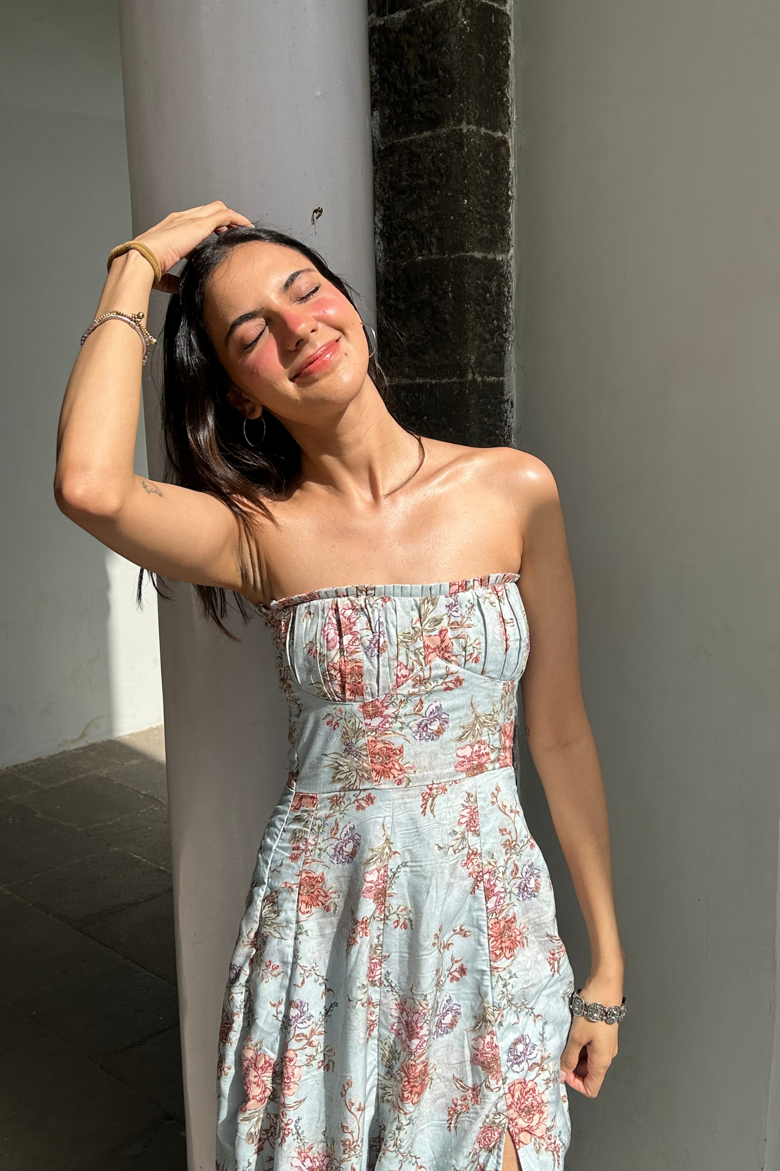 Fiorella Blue Floral Tube Midi Dress