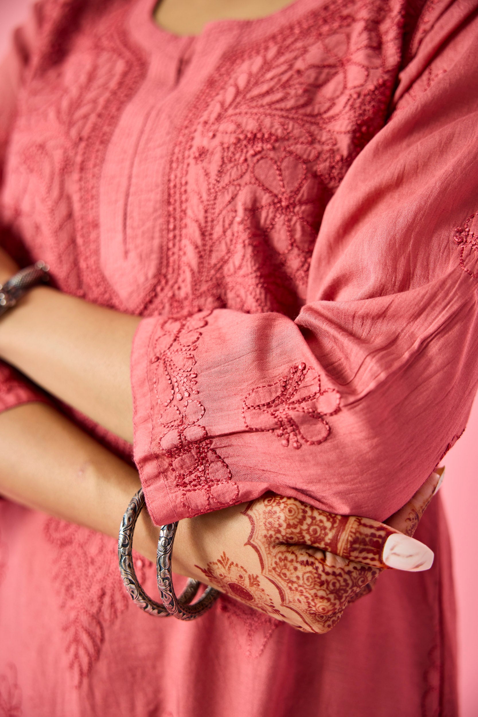 Macaba Rust Chanderi Hand Embroidered Chikankari Kurta & Pant Set