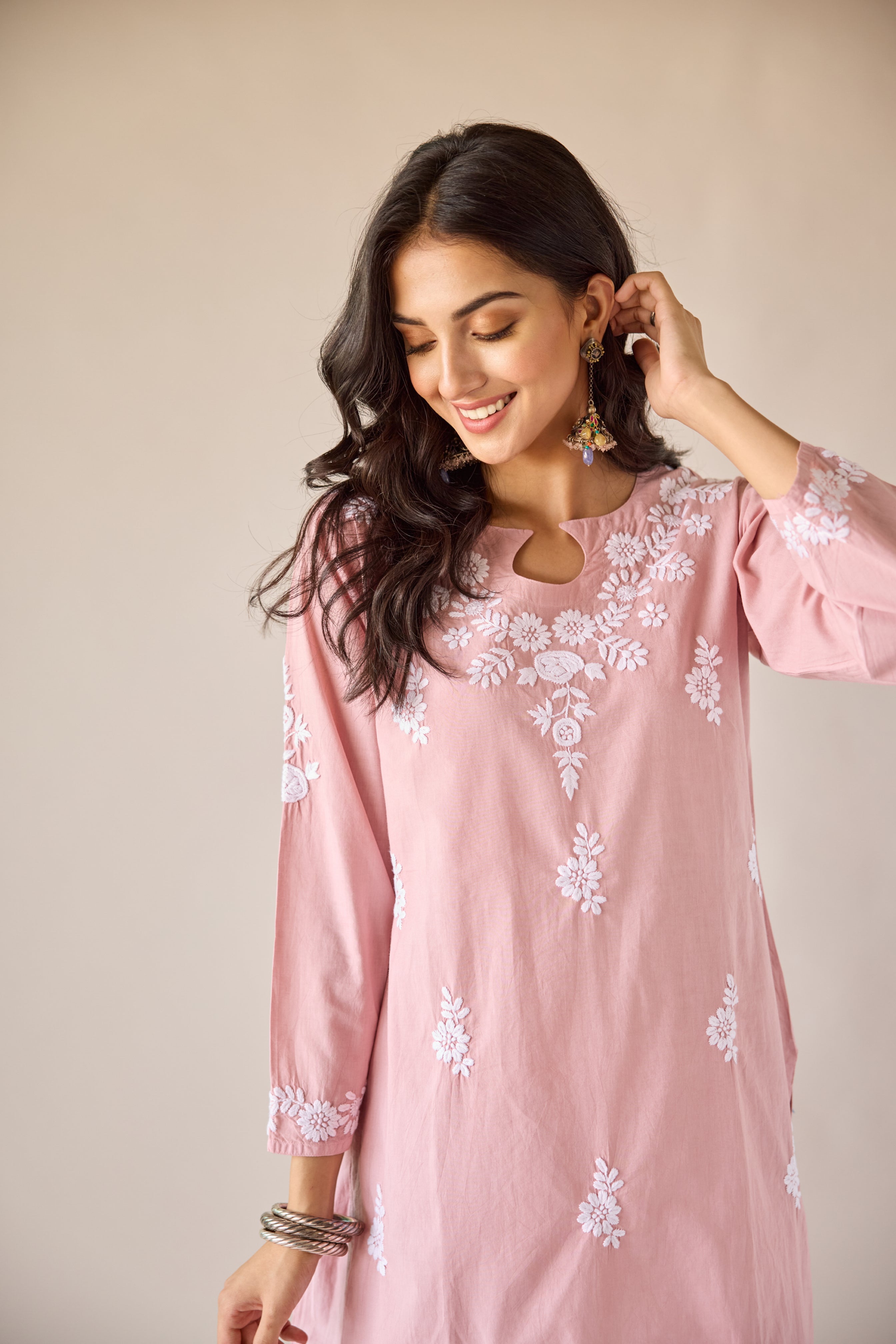 Mira Pink Cotton Hand Embroidered Chikankari Kurta & Pant Set