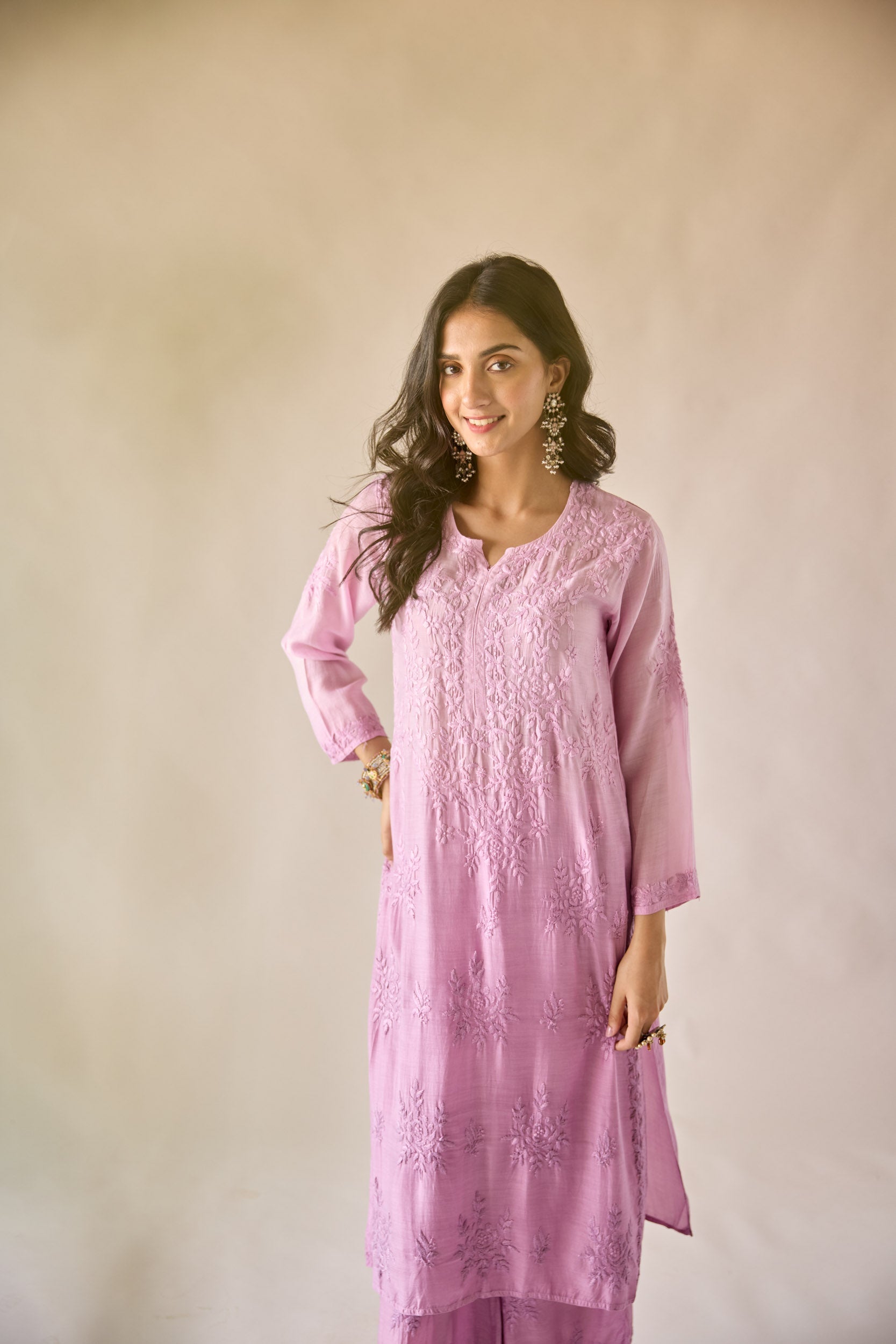 Zarina Lilac Ombre Modal Hand Embroidered Chikankari Kurta & Pant Set