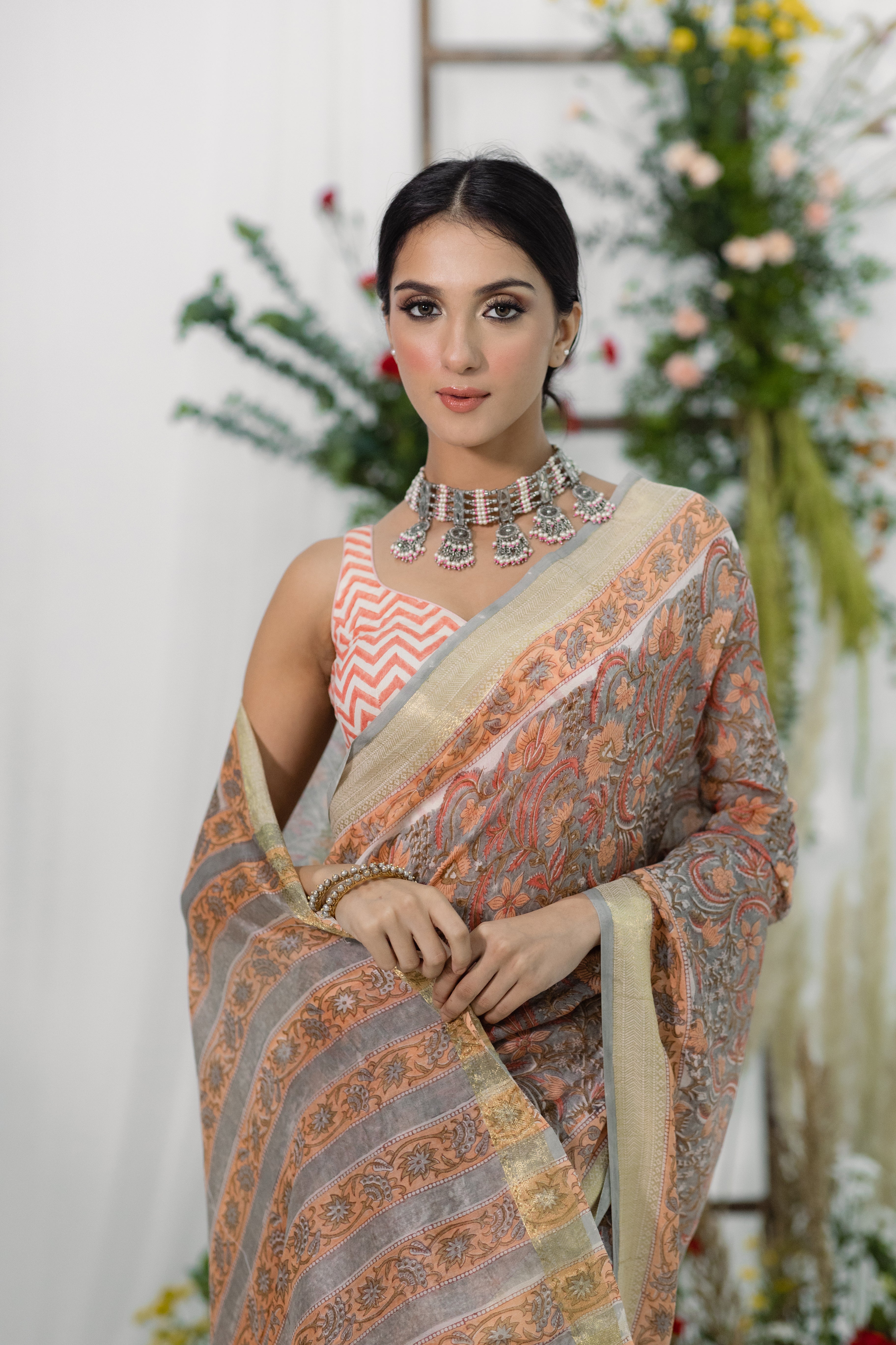 Gulaab Peach & Grey Printed Chanderi Silk Saree