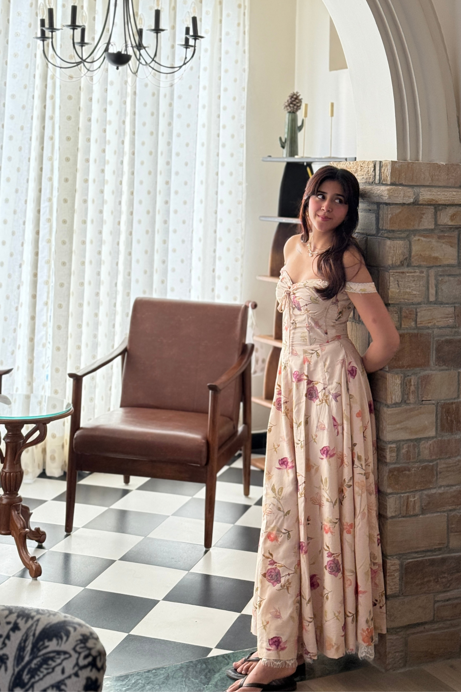 Poema Ivory Lacey Floral Midi Corset Dress