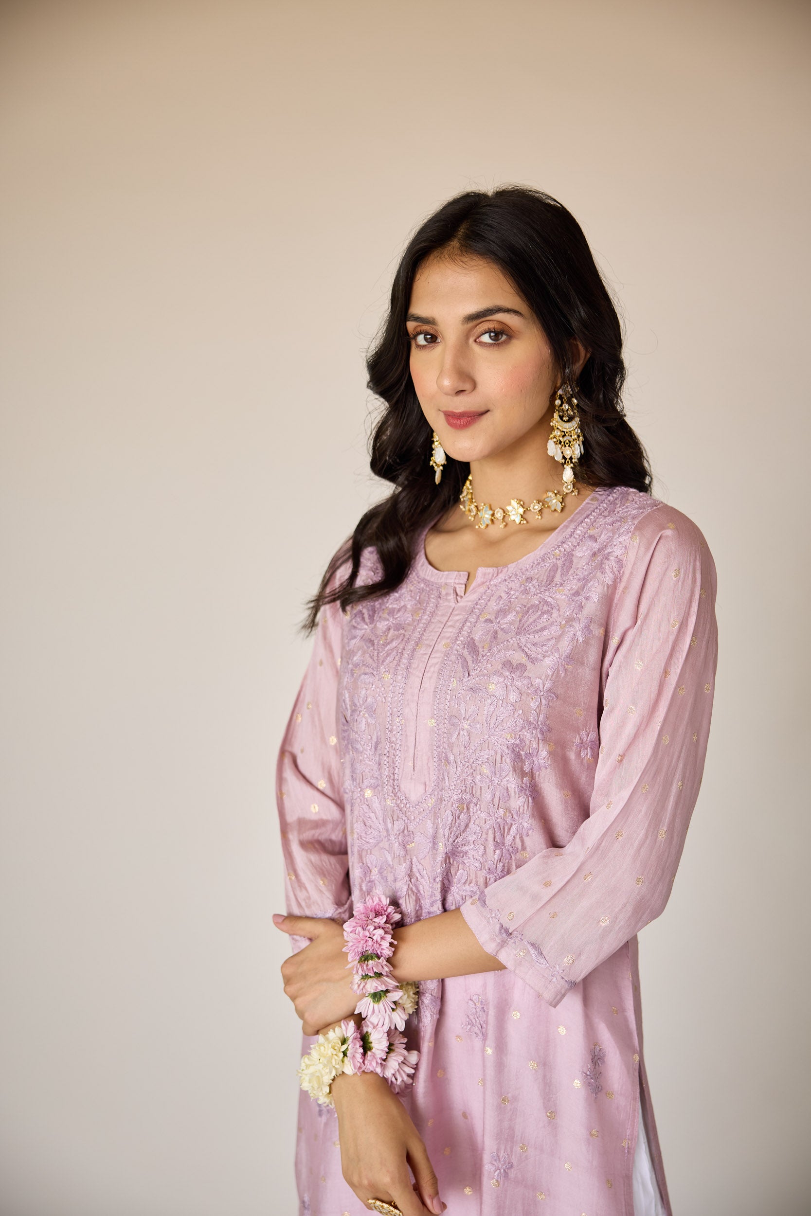 Jasmine Lilac Chanderi Hand Embroidered Chikankari Kurta