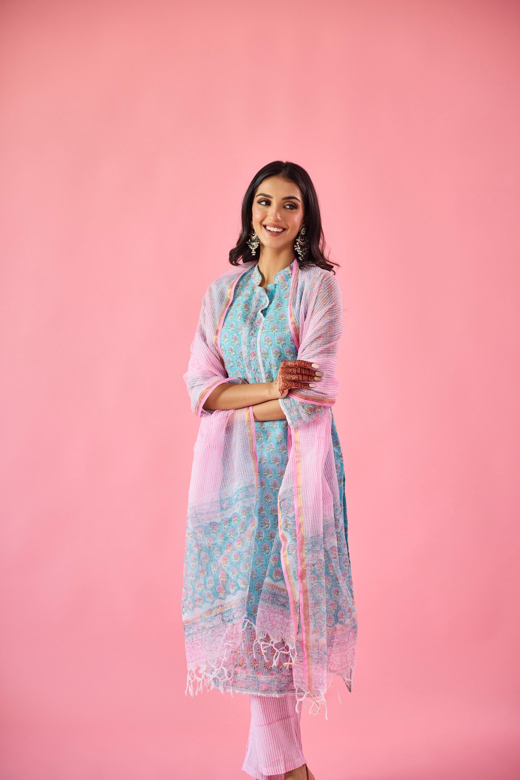 Qudsia Blue & Pink Kota Hand Embellished Kurta Set