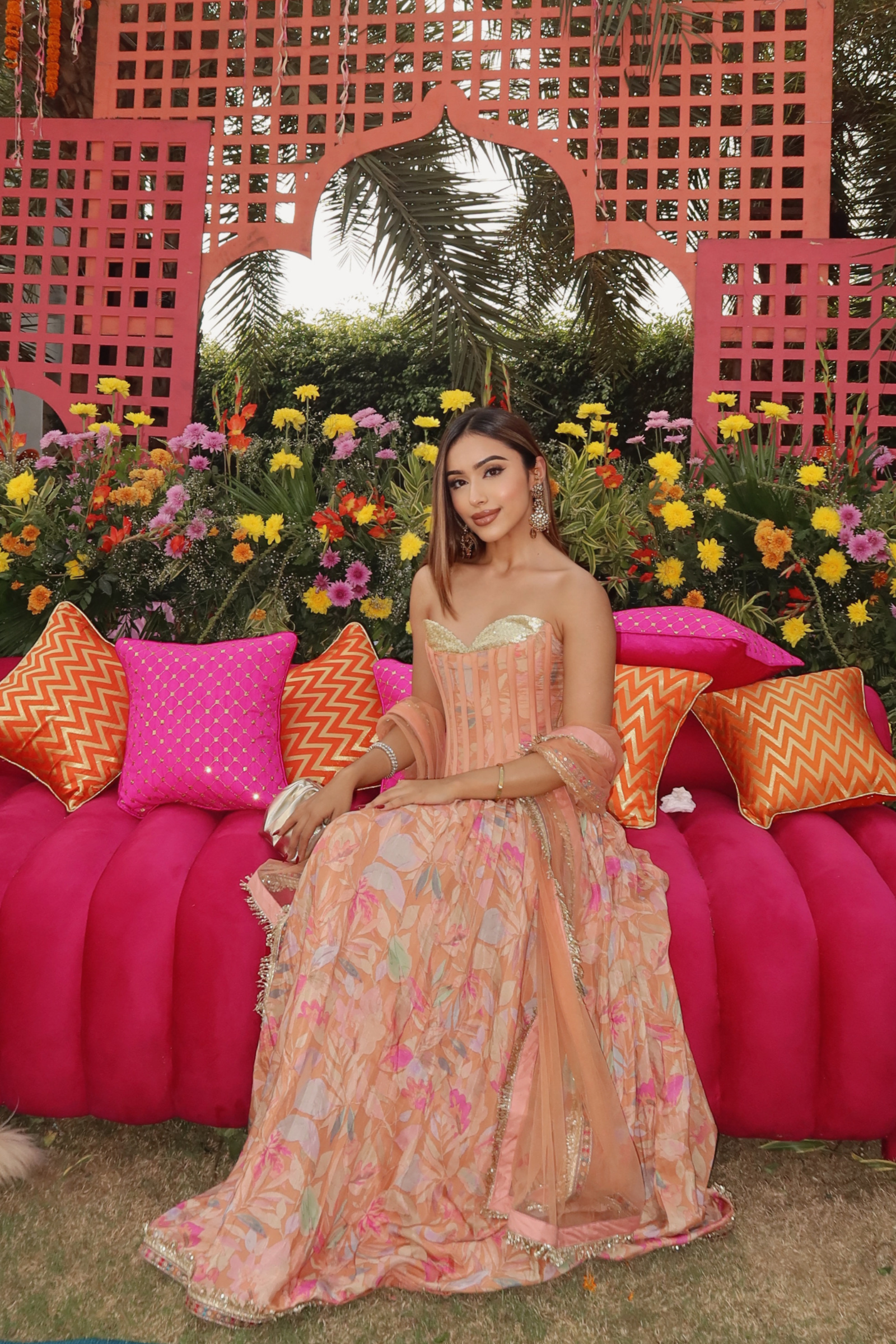 Alina Peach Sequinned Corset Muslin Lehenga Set