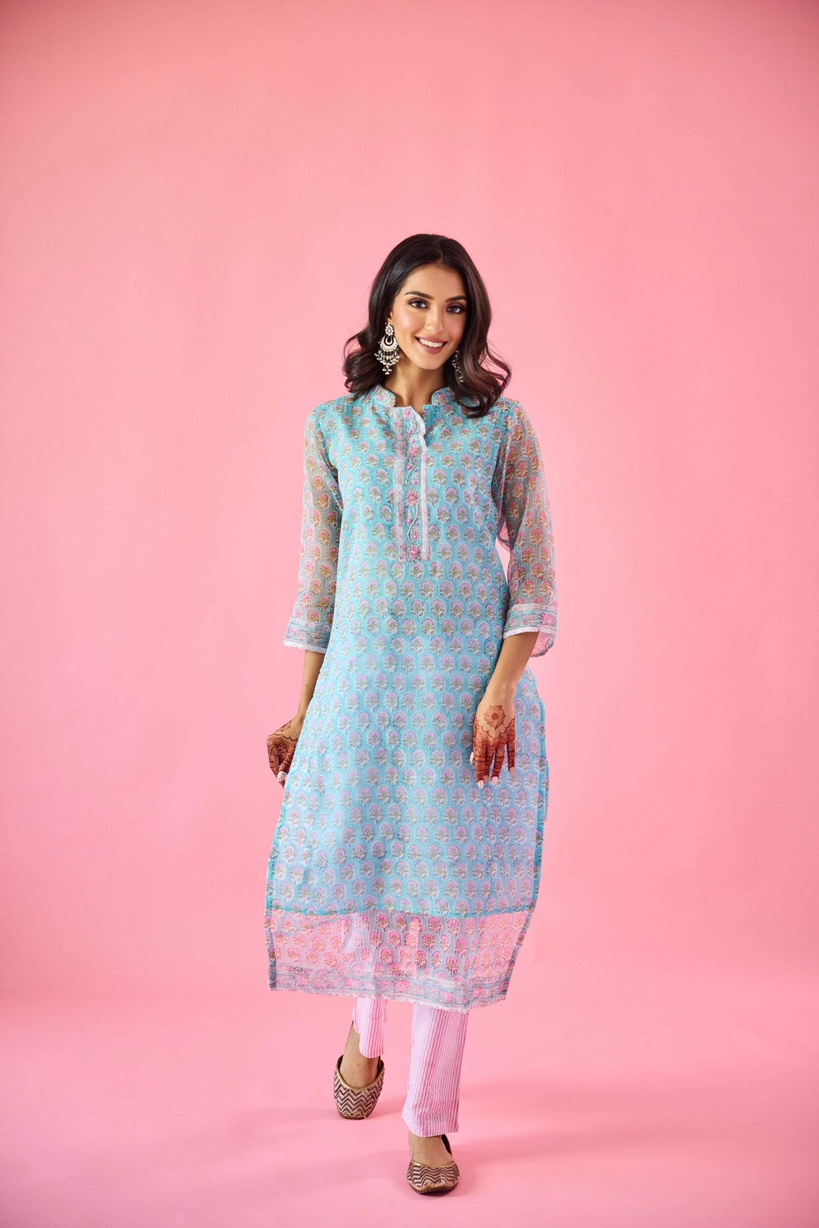 Qudsia Blue & Pink Kota Hand Embellished Kurta Set