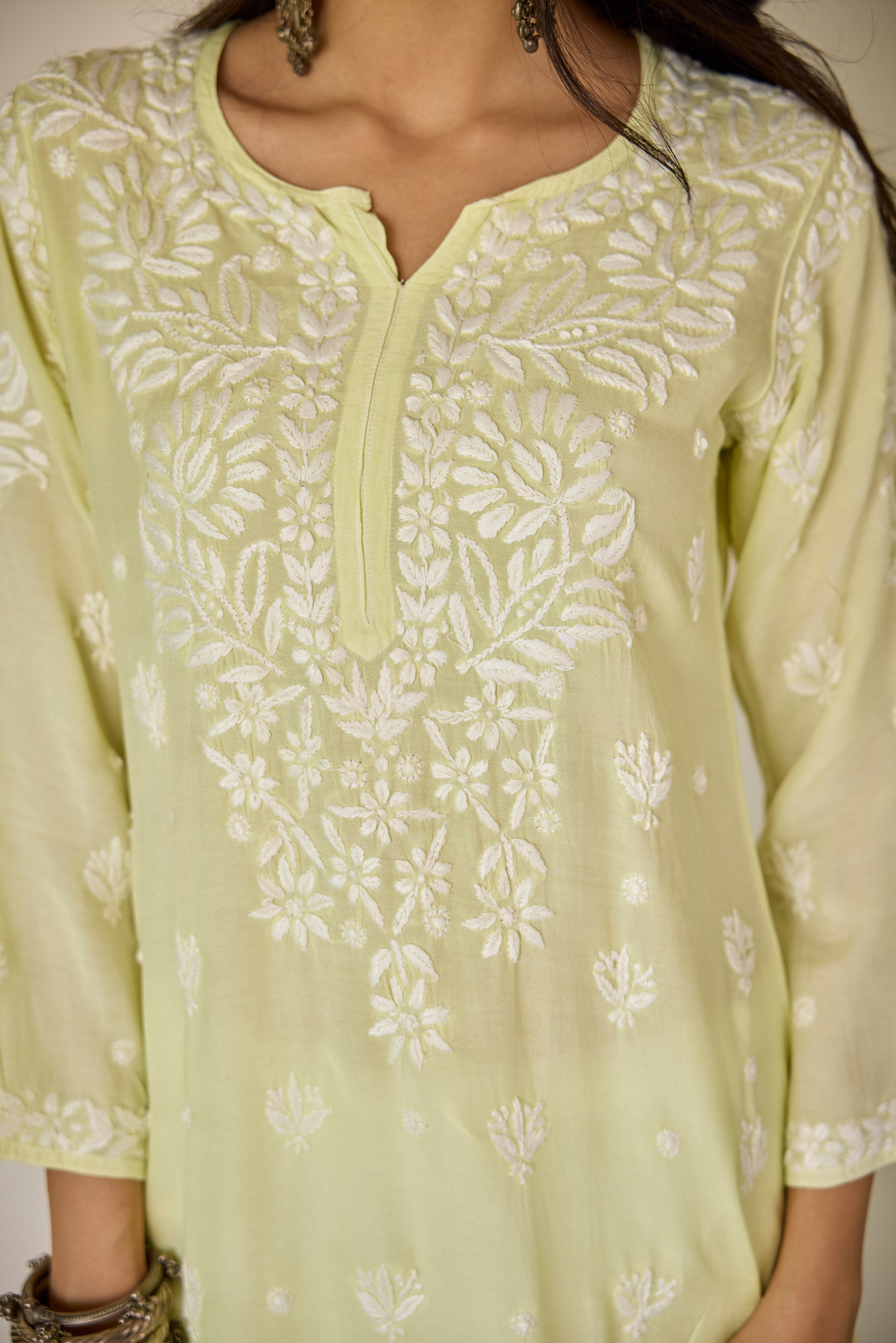 Raha Lime Green Muslin Hand Embroidered Chikankari Kurta
