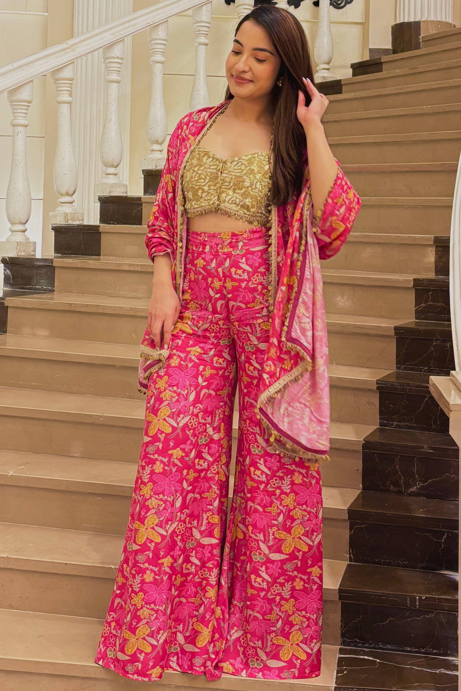 Mannat Hot Pink Muslin Sharara Set With Gold Embroidered Blouse