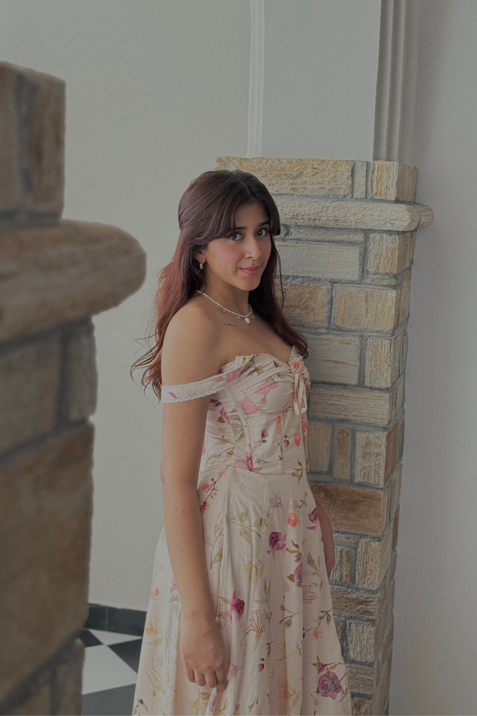 Poema Ivory Lacey Floral Midi Corset Dress