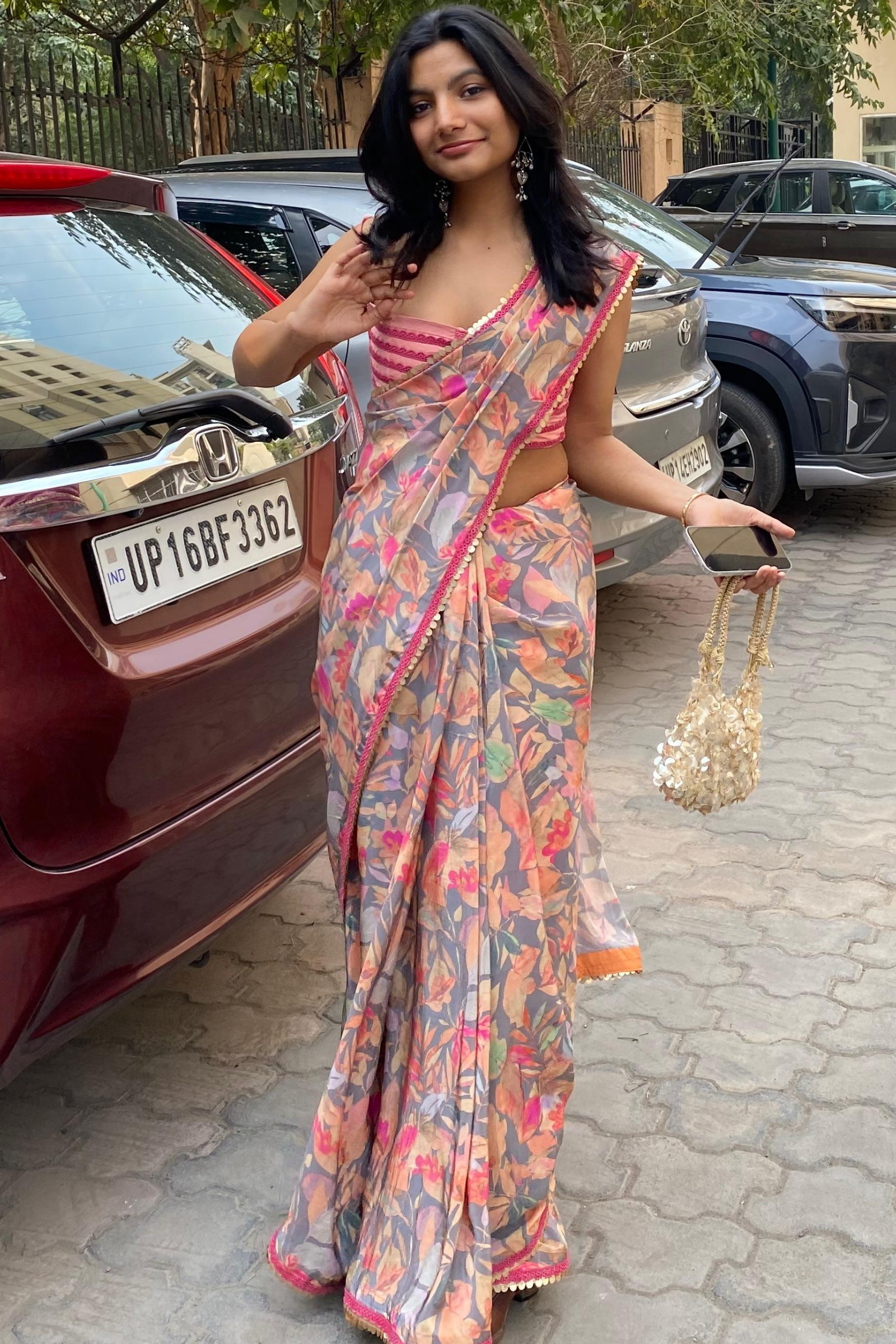 Aarzoo Grey Crepe Saree With Peach Embroidered Blouse