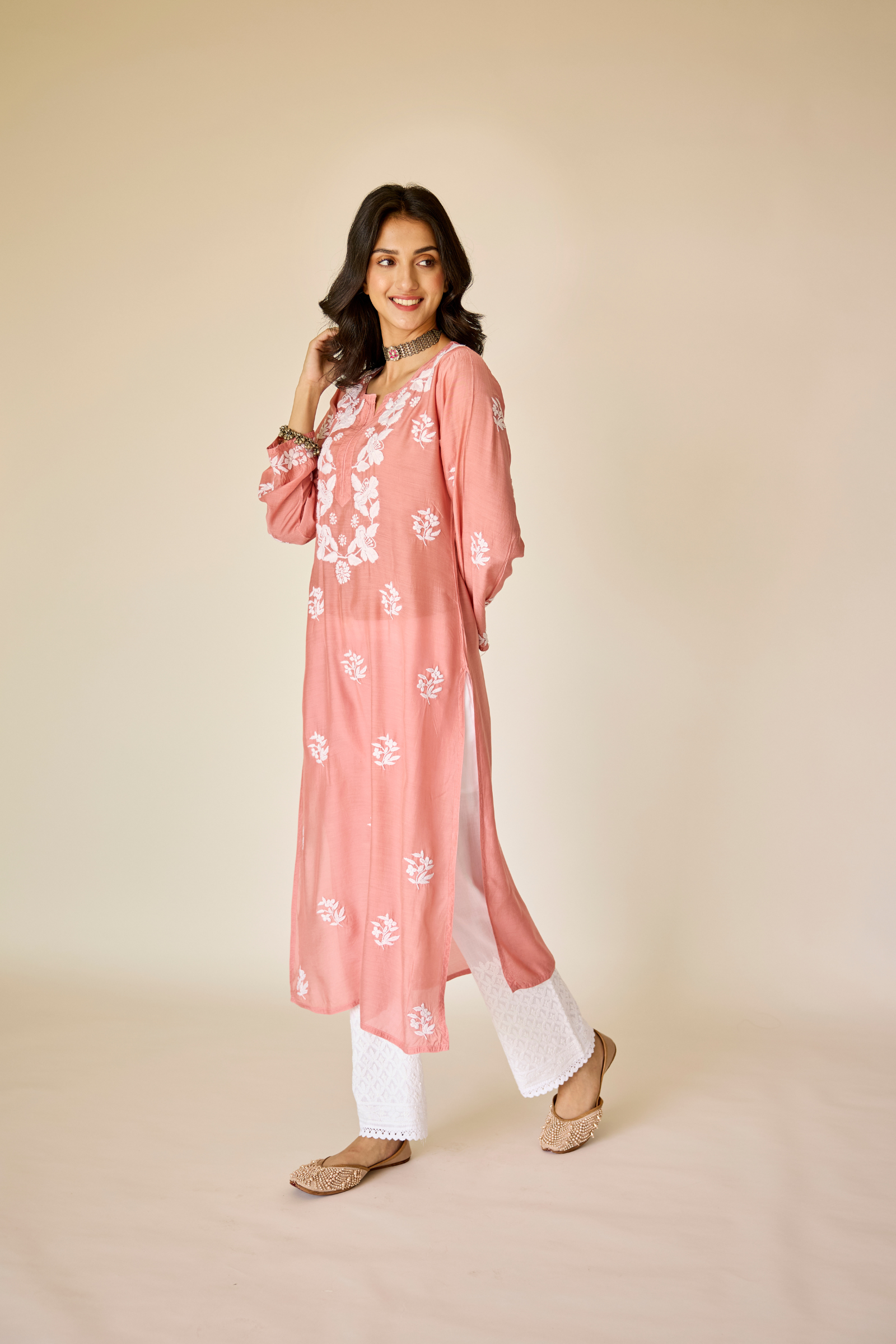 Sumaiya Rust Pink Muslin Hand Embroidered Chikankari Kurta