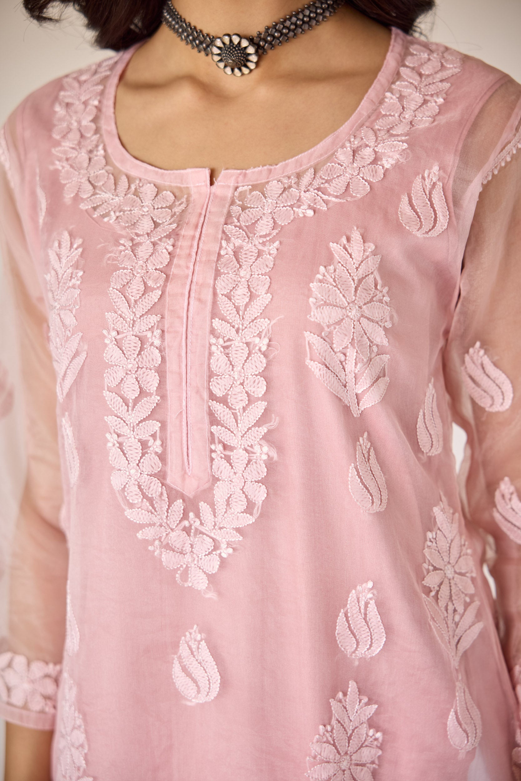 Nimrah Pink Organza Hand Embroidered Chikankari Kurta with Slip
