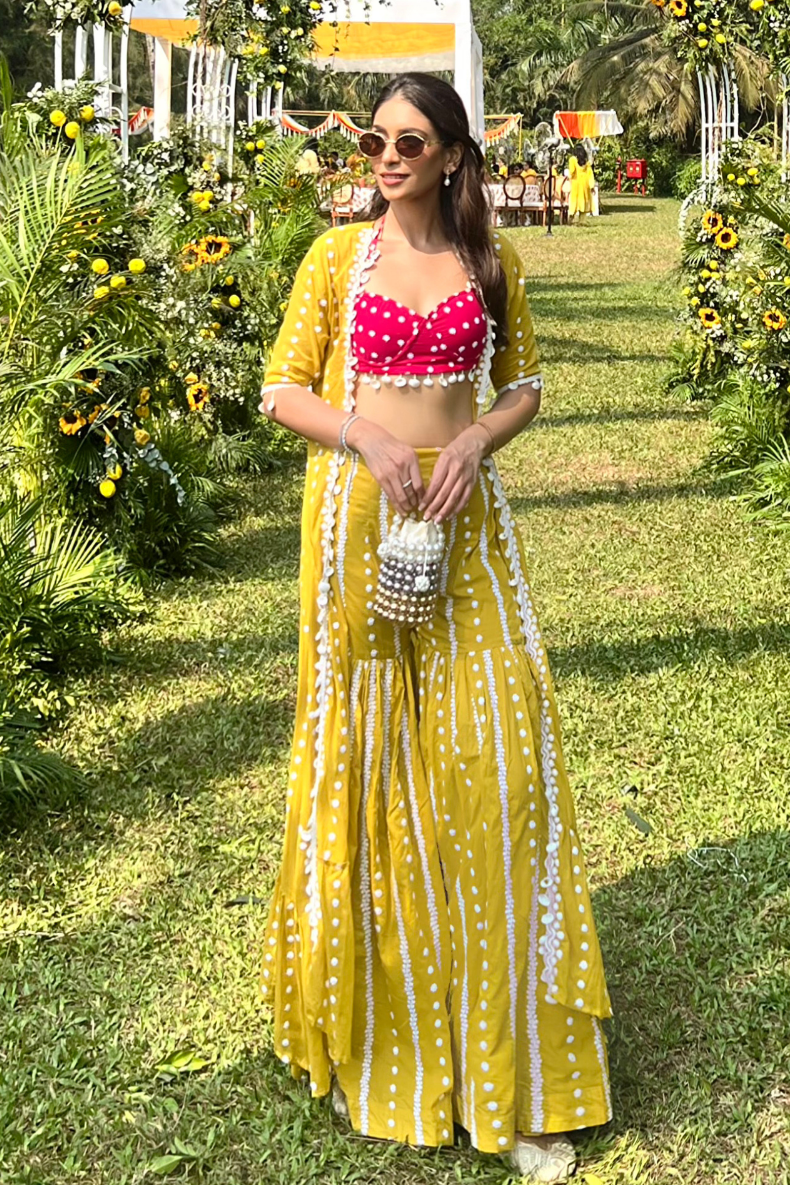 Aisha Yellow & Hot Pink Embroidered Cotton Jacket, Bustier and Sharara Set