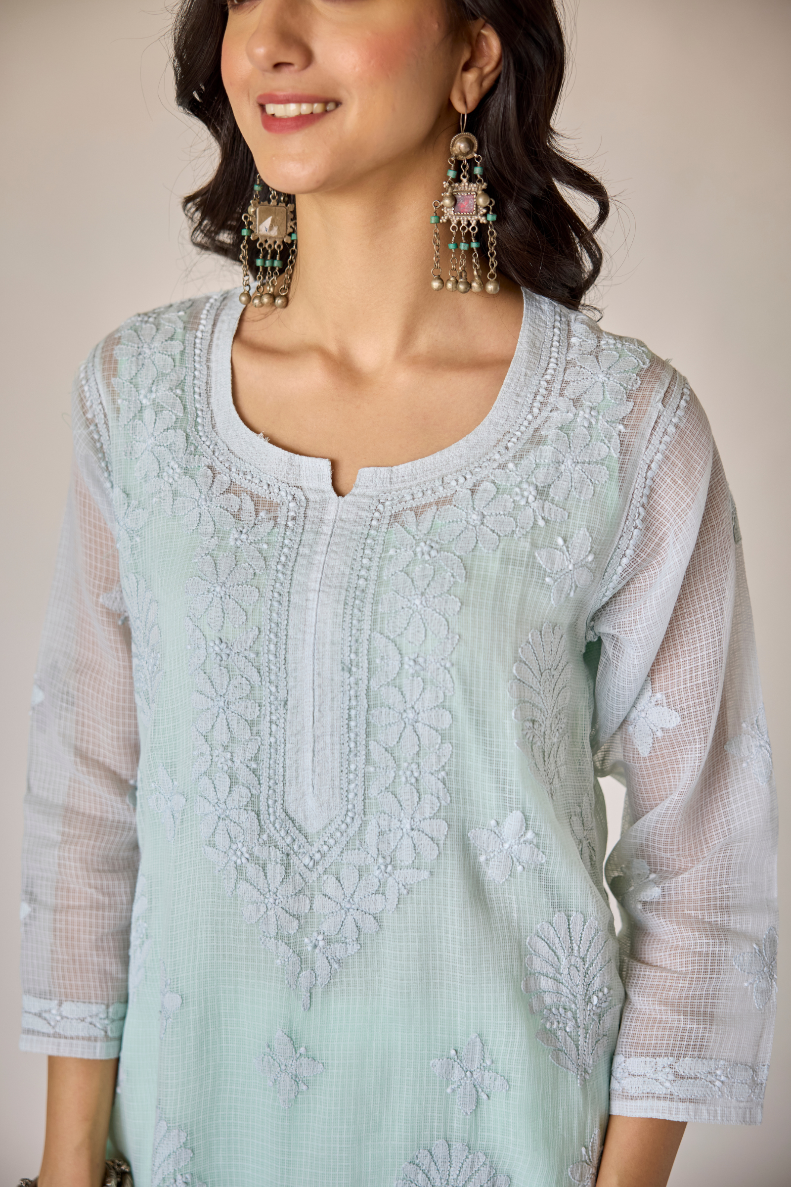 Dehra Blue Kota Hand Embroidered Chikankari Kurta with Slip
