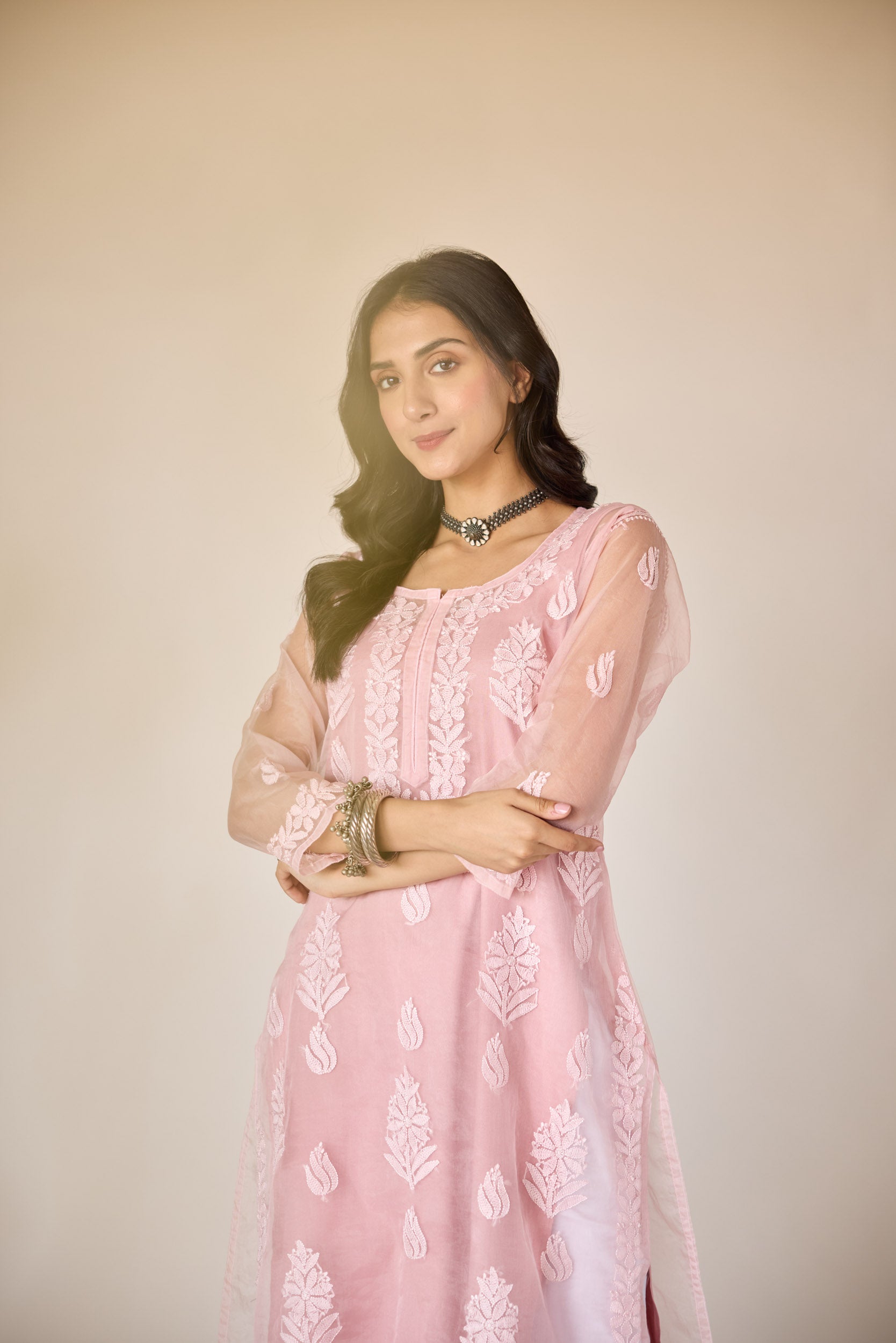 Nimrah Pink Organza Hand Embroidered Chikankari Kurta with Slip