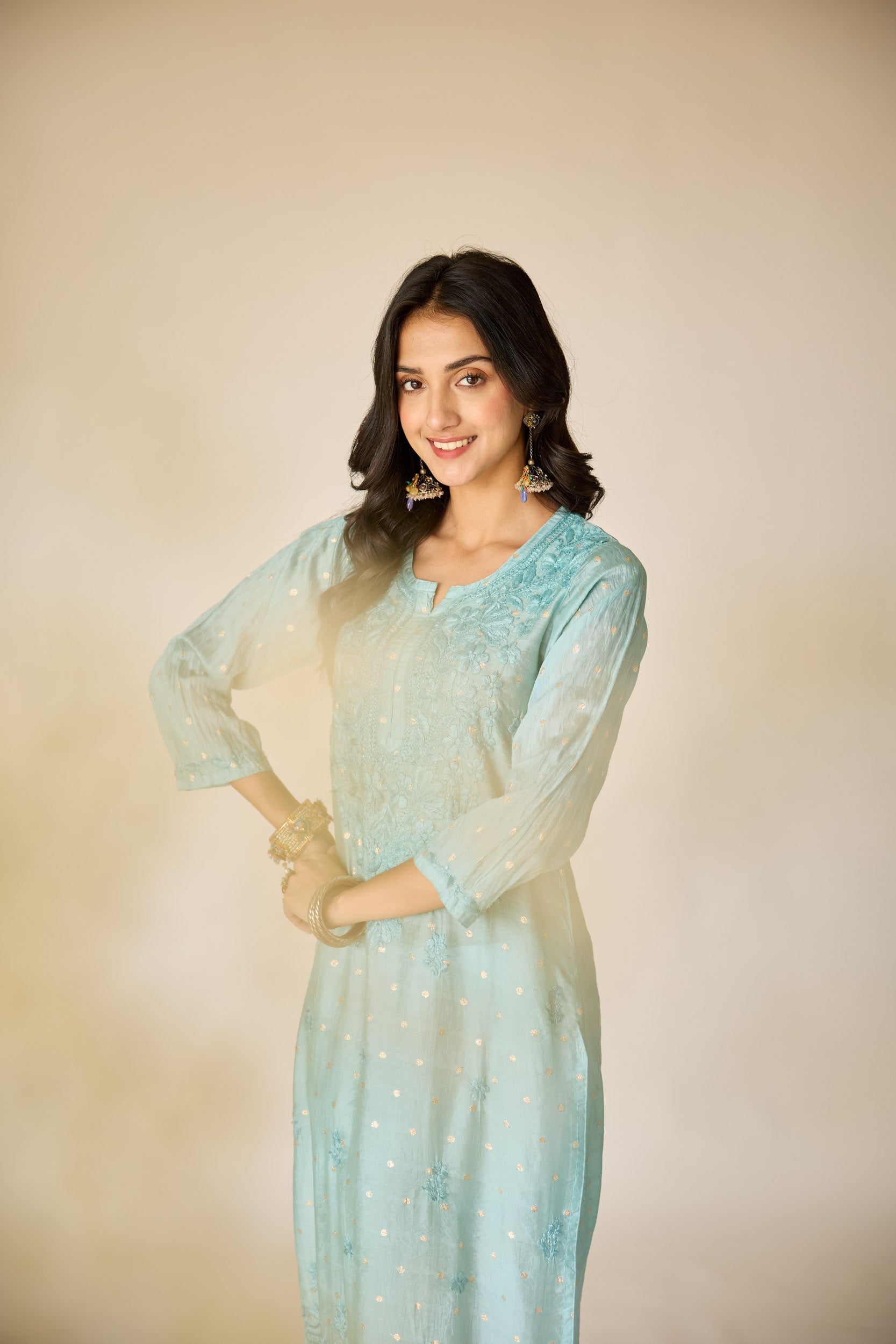 Wafa Blue Chanderi Hand Embroidered Chikankari Kurta