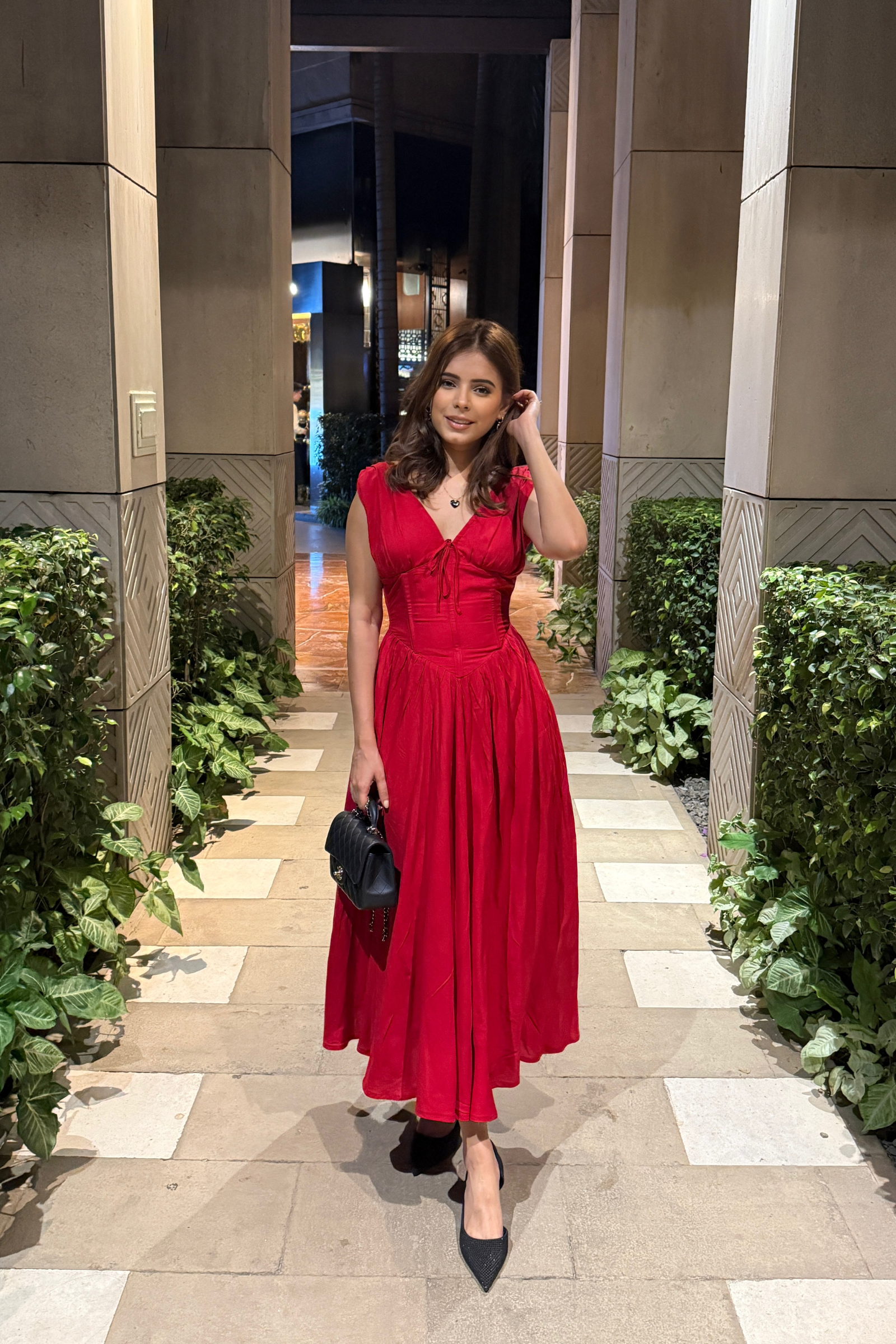 Dolce Cherry Red V-Neck Corset Midi Dress