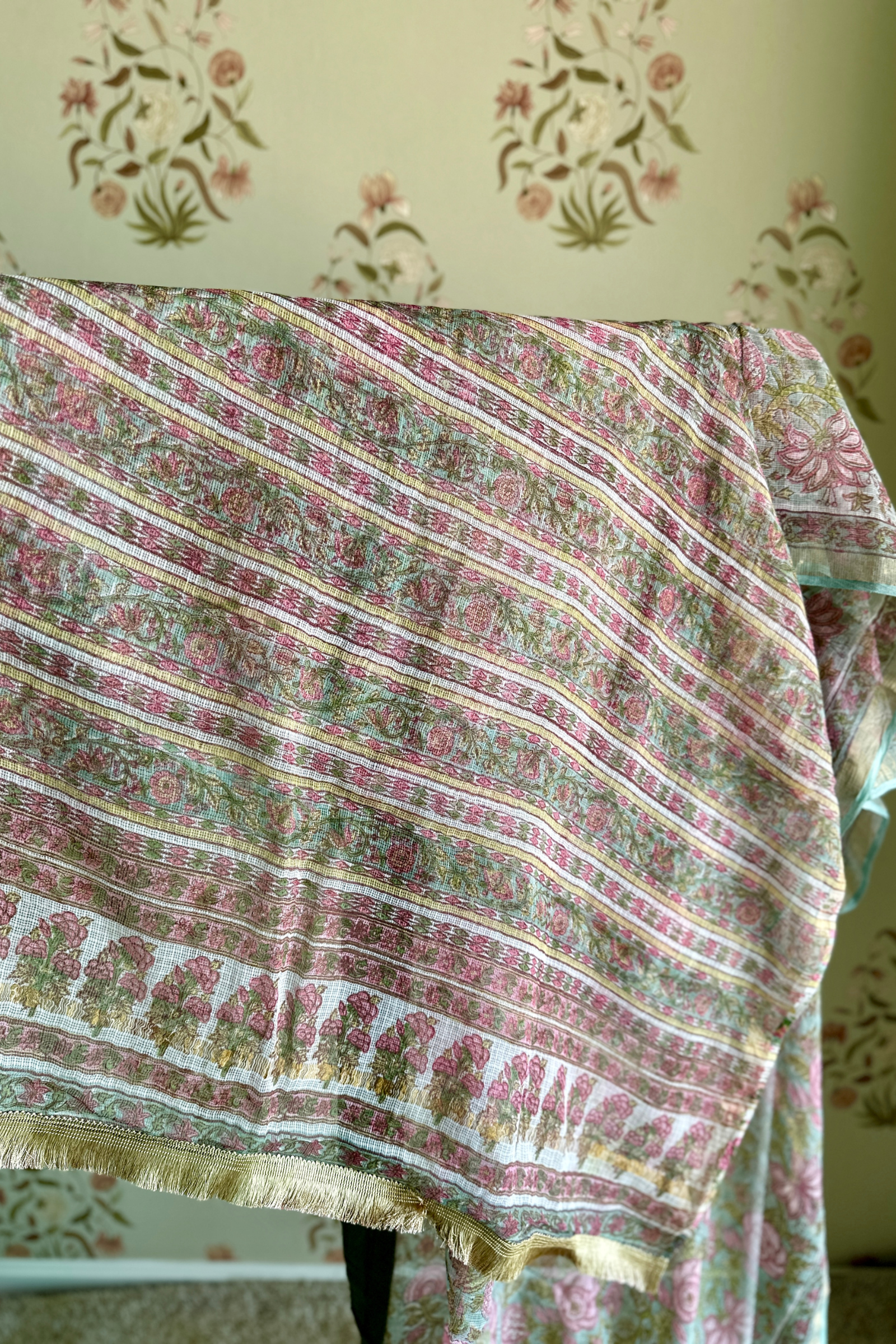 Niamh Green & Pink Printed Kota Doria Saree