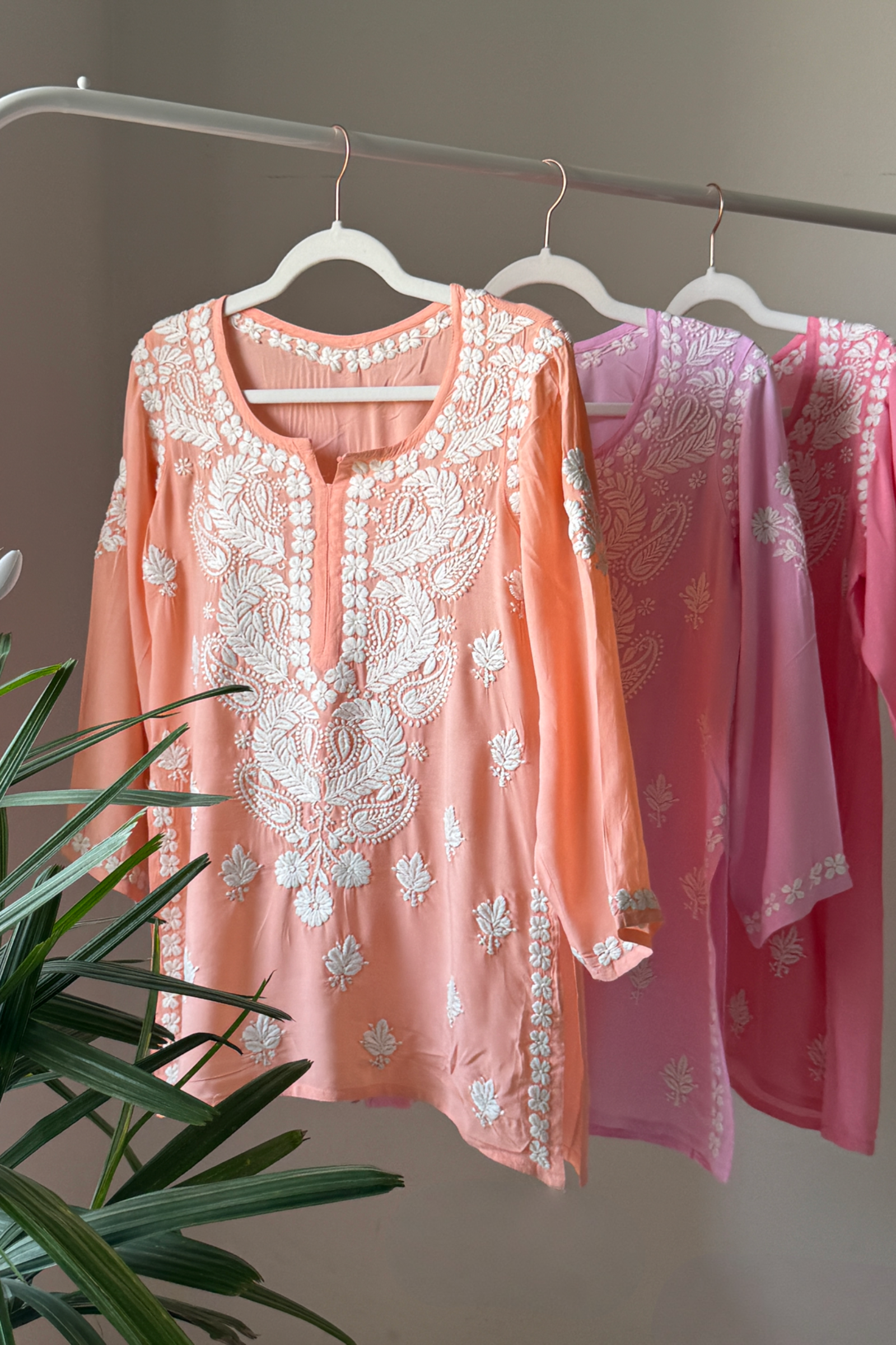 Fareedan Peach Modal Hand Embroidered Short Chikankari Kurti