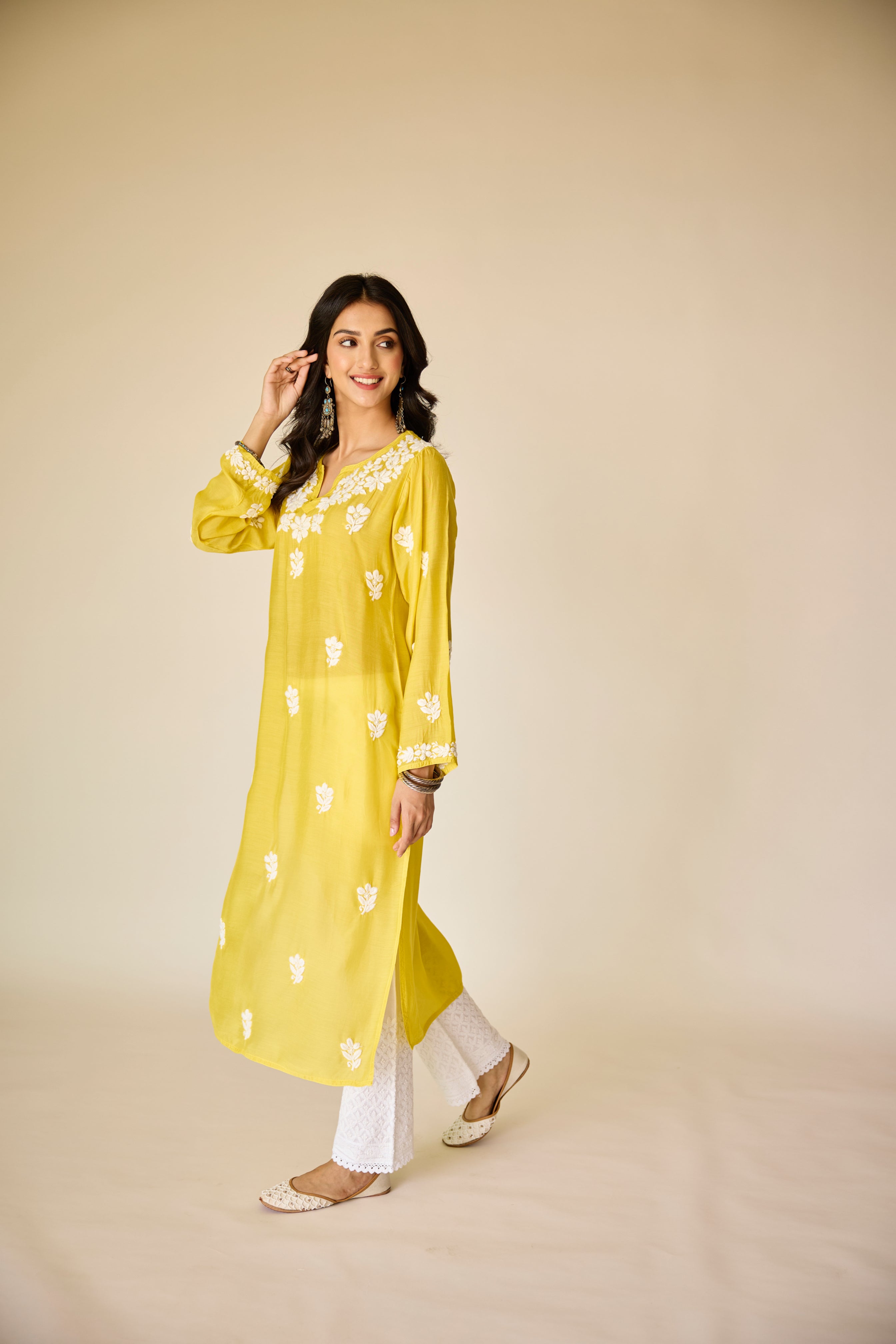 Sofiya Yellow Muslin Hand Embroidered Chikankari Kurta